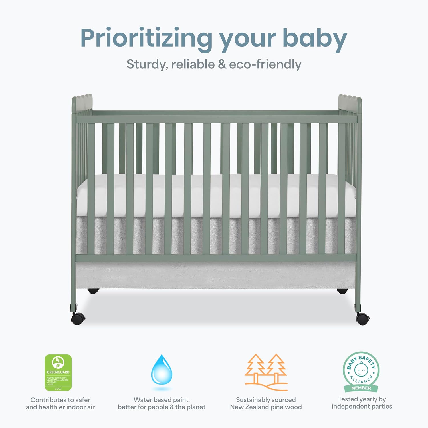 Dream On Me Carson Classic 3-in-1 Convertible Full-Size Baby Crib in Meadow Green, GreenGuard Gold & BSA, 4 Mattress Heights, Converts to Day & Toddler Bed, Locking Wheels, Classic Nursery Design