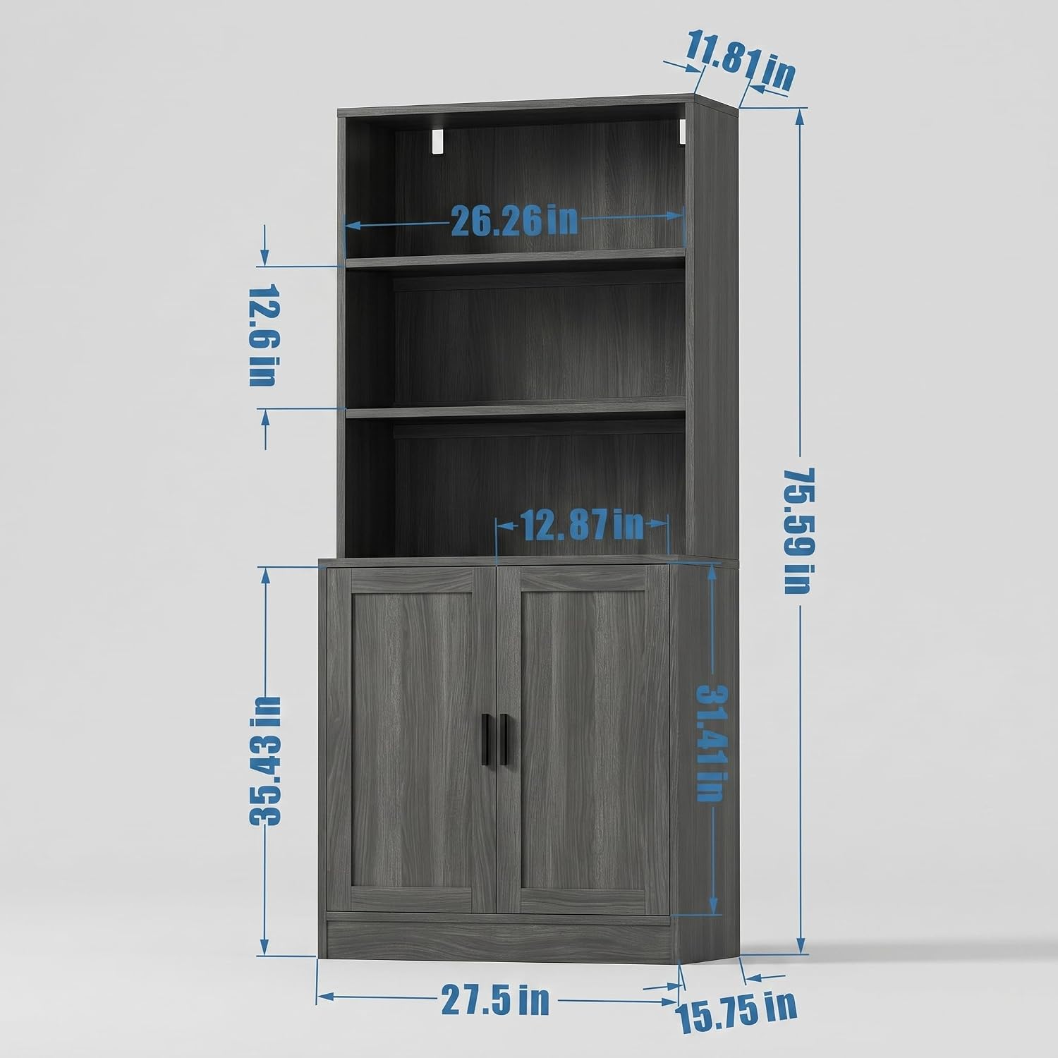 holzart 75' Tall Bookcase with Doors, 5 Tier Large Bookshelf with Cabinet, Standing Wood Display Book Shelf for Living Room, Office, Library with Doors, Dark Grey