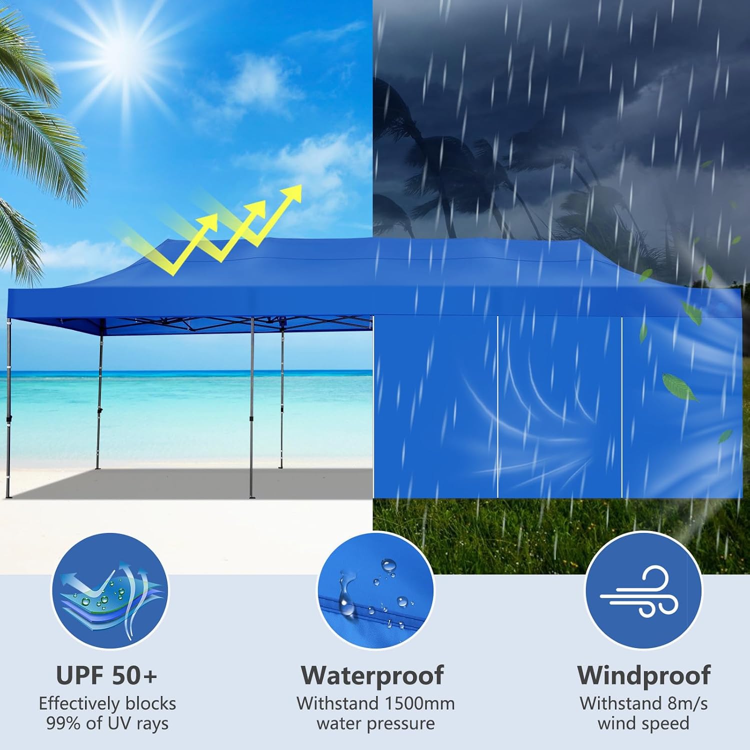 COBIZI 10x30 Pop up Canopy Tent Heavy Duty with 8 Sidewalls, Easy Set-up Commercial Outdoor Party Tent, 100% Waterproof Wedding Gazebo, 3 Height Adjustable with Wheeled Bag, Blue