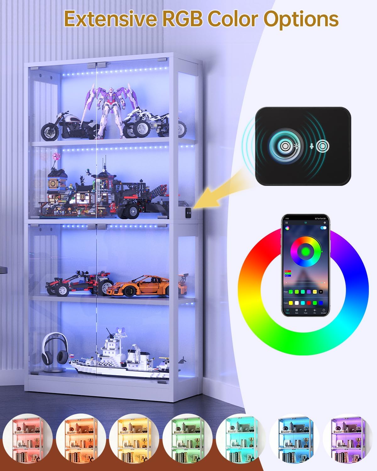 Glass Display Cabinet 2pcs, 65' Tall Display Case with RGB Lights Curio Cabinet with Glass Doors 4-Tier LED Storage Cabinet with Human Body Sensor & Press-To-Open for Collectibles Book Figure(Black)