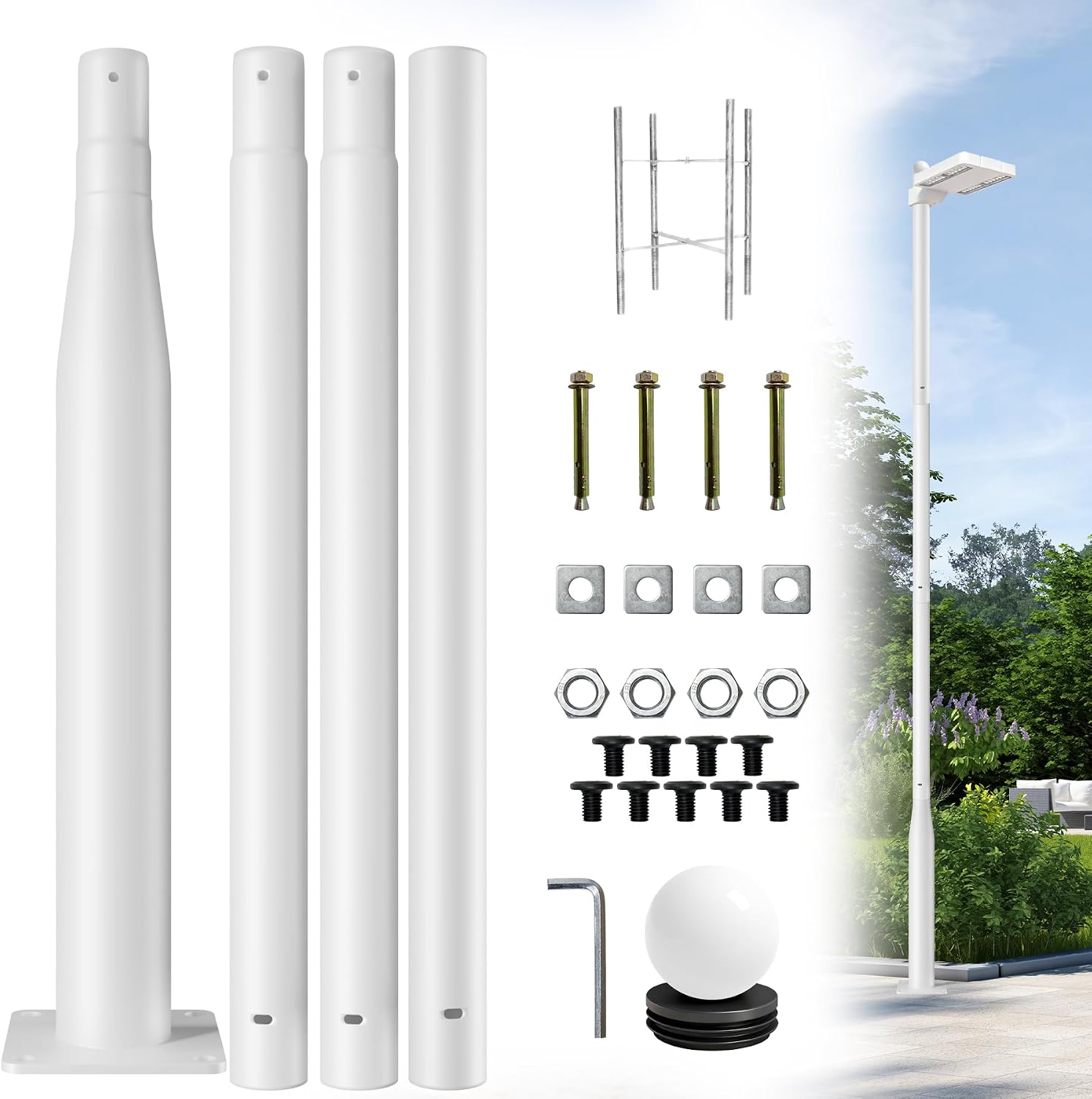 Street Light Pole 13Ft for Outdoor Lighting, Solar Street Light Pole Accessory for Street, Patio, Backyard, Basketball Court, Park, White