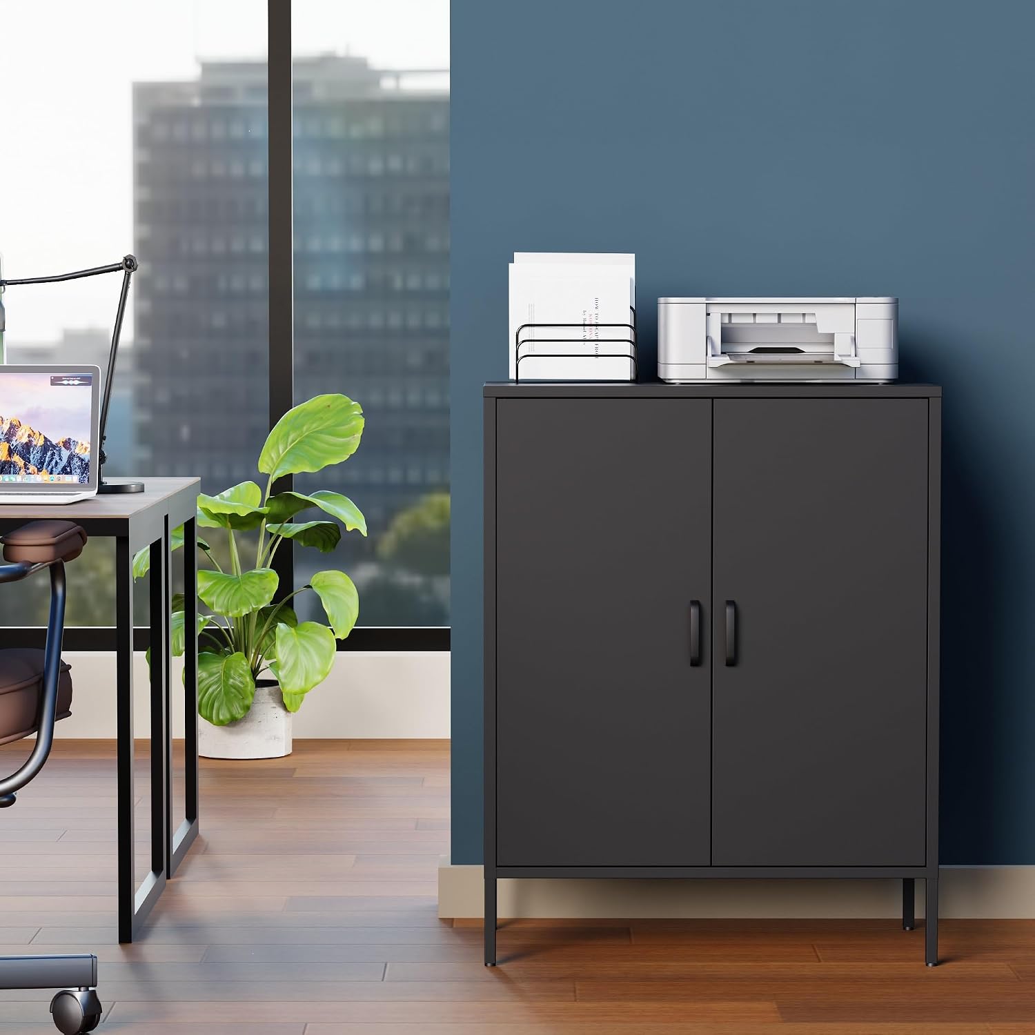 Ustamio 2 Door Metal Storage Cabinet with 2 Shelves, 3 Tier Garage Storage Locker Cabinet for Home, Entryway, Hallway and Office, Assembly Required, Black, (LC-CSG)