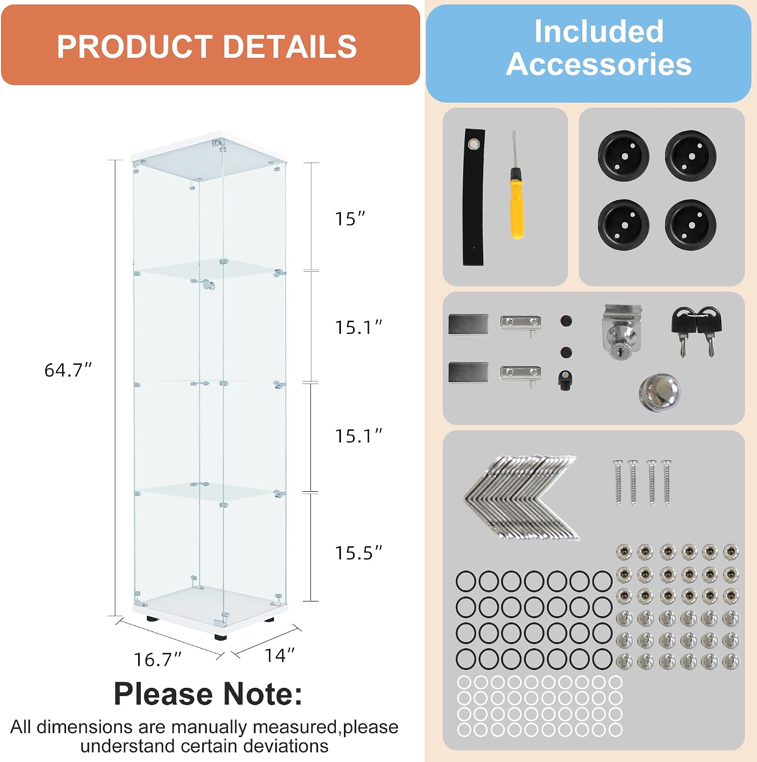FANYUSHOW Tempered Glass Display Cabinet 4-Shelf Curio Cabinet with Security Lock 5mm Display Shelf Showcase for Living Room/Bedroom/Office- White 64.7' H x 16.7' L x 14.37' W