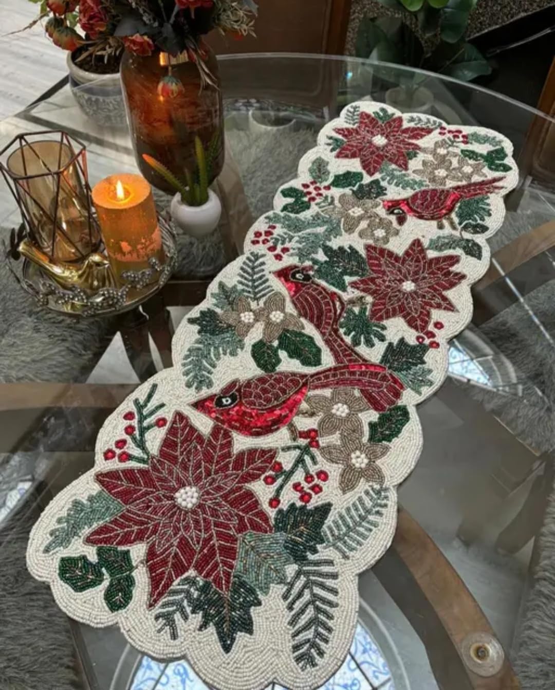 Beaded Table Runner, Red Poinsettia and Cardinal Design, Holiday Christmas Decor, Scalloped Edge