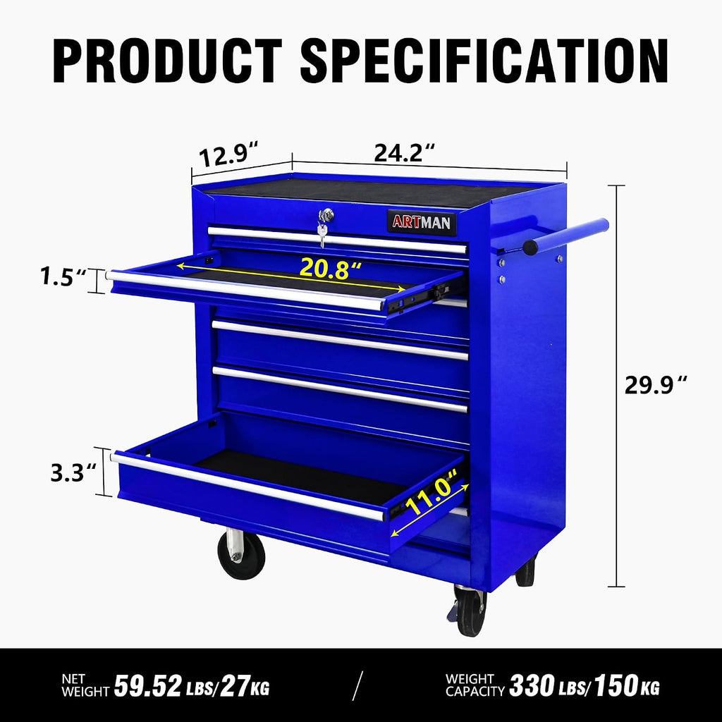 7 Drawers Tool Cart on Wheels, 7 Drawer Rolling Tool Chest with Key Lock, Trolley Organizer Tool Case, Multifunctional Rolling Tool Box for Garage,Warehouse,Workshop,Repair Shop (Blue)