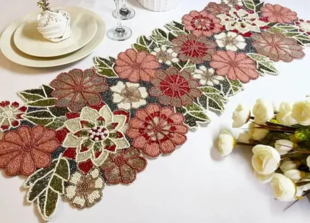 Embroidered Floral Handmade Table Runner, Multi-Color, Lace Design, Decorative Home Decor