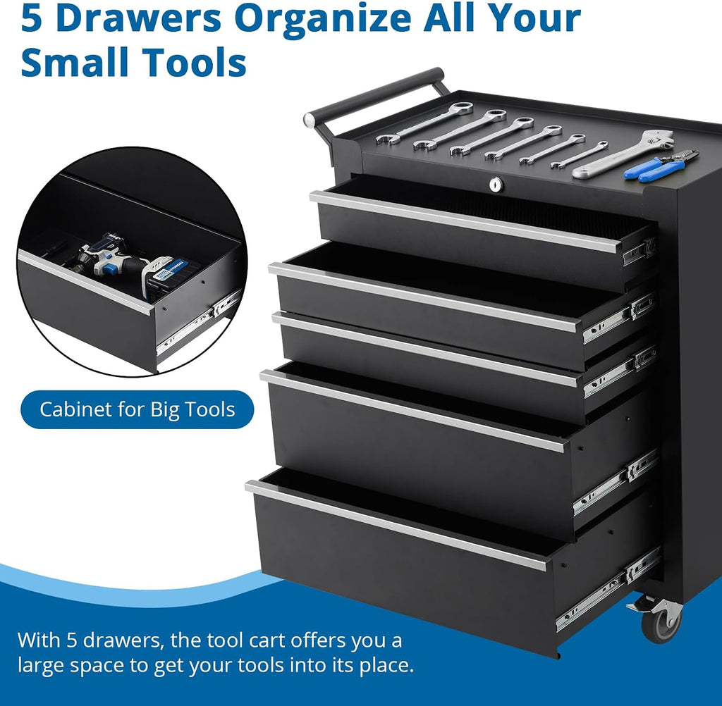 5-Drawer Tool Chest With Wheels, Rolling Tool Cart With Caster Wheels, Sliding Drawers and Protective Liner, Lockable Storage Cabinet for Garage, Workshop, Warehouse