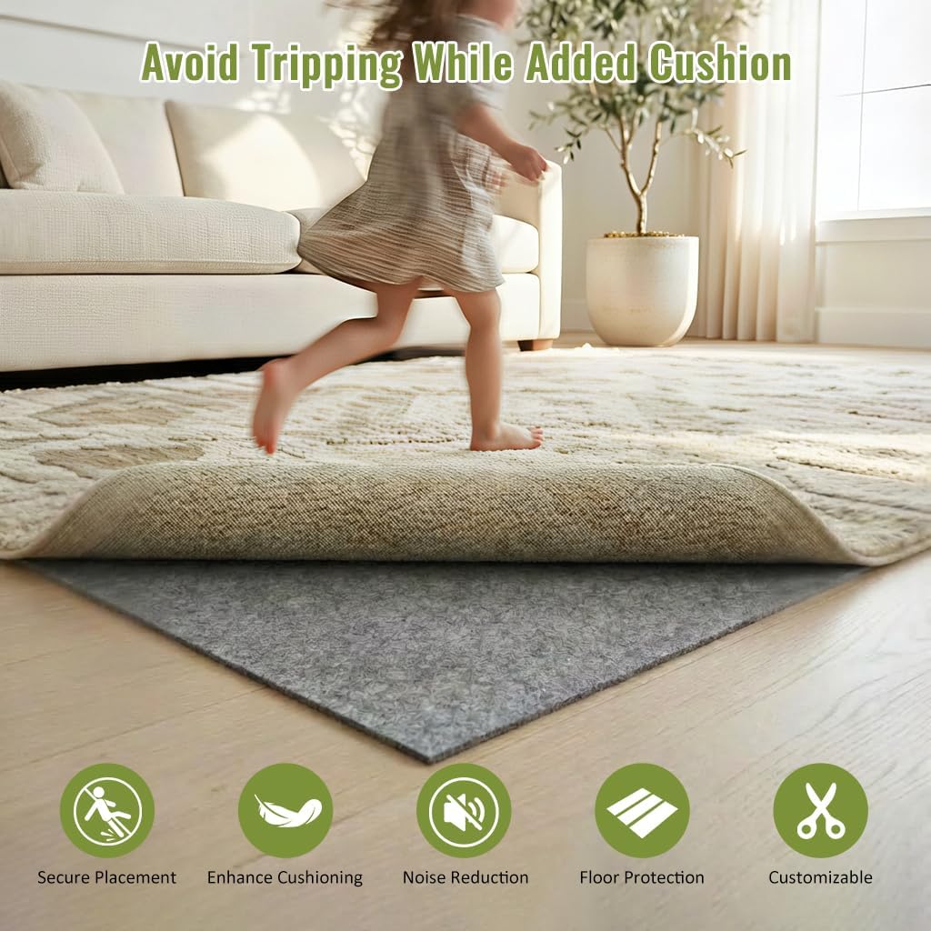 Felt Rug Pad with Gripper Dots, 9x12 Ft Non-Slip Rug Underpad with PVC Backing, 1/6' Thick Cushioned Carpet Pad Gripper for Hardwood Floors, Vinyl & Tile, Under Rug Padding Floor Protection