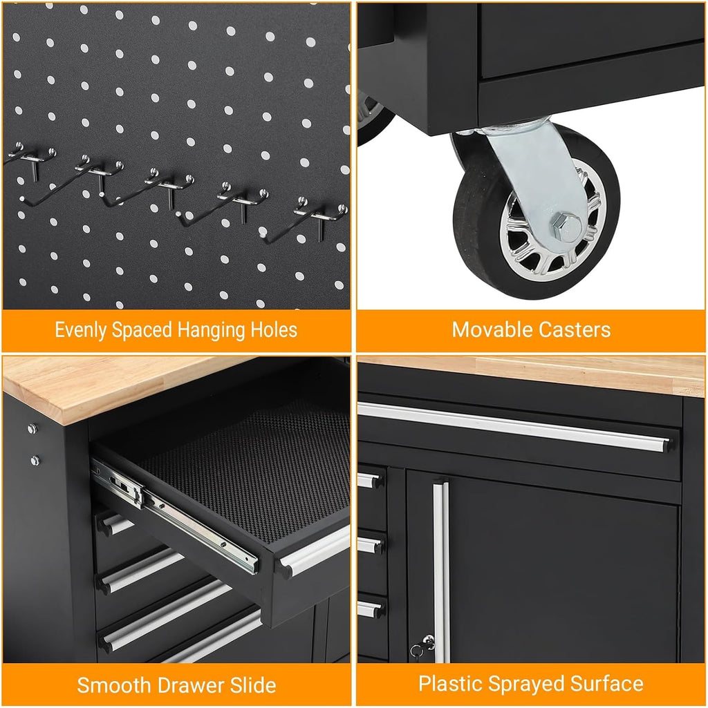 Tool Chest, 61 Inch Tool Box Mobile 9 Drawers Storage Rolling Cabinet with Wheels Lock Key Locking System Drawer Liners for Garage Warehouse Repair Shop, Black