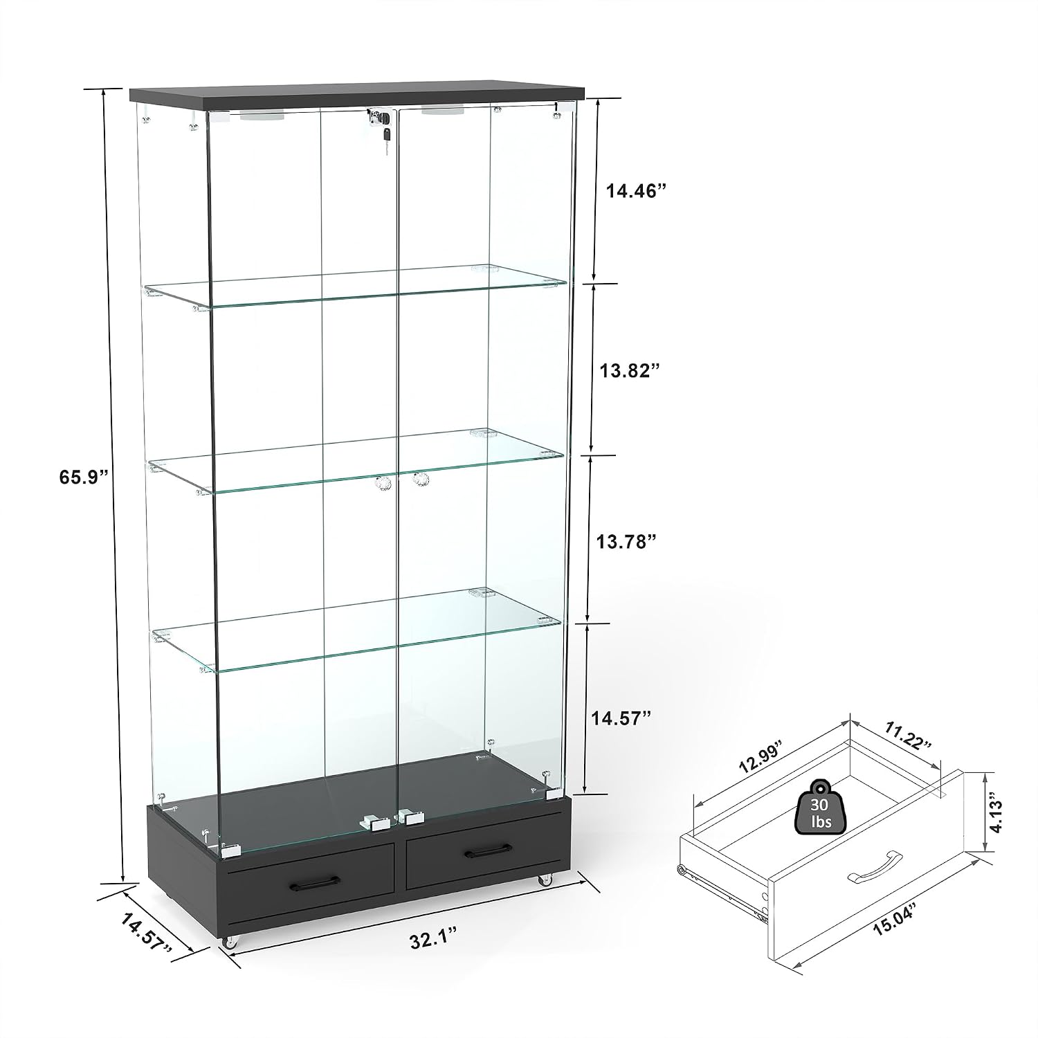 Modern Glass Display Cabinet with LED Light 4-Shelf Curio Cabinets with Storage Drawer and Wheels,Tempered Glass Display Shelf Bookcase for Living Room Home Office