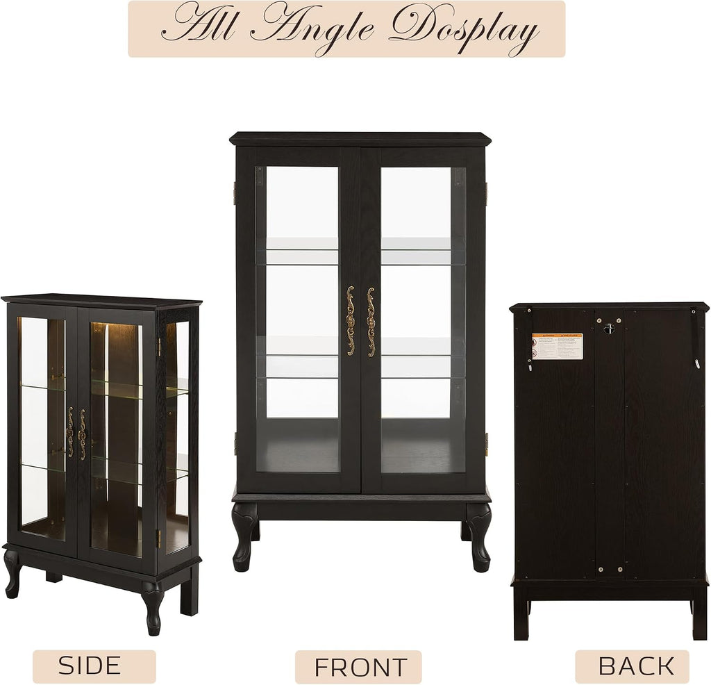 44' Small Lighted Glass Accent Curio Cabinet, Vintage China Cage with 2 Tempered Glass Doors & Adjustable Shelves, Acrylic Mirrored Pane, Elegant Wine Artwork Showcase for Living Room/Kitchen (Black)
