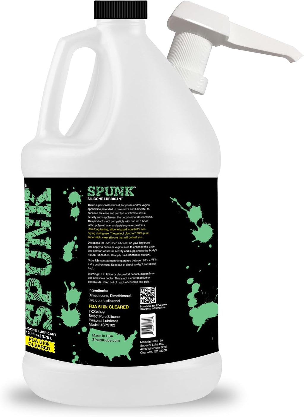 SPUNK Lube Pure Silicone Lubricant - FDA Cleared, Long-Lasting, Non-Drying, Medical-Grade Personal Sex Lube for Men, Women & Couples - Made in USA, 128 Fl Oz