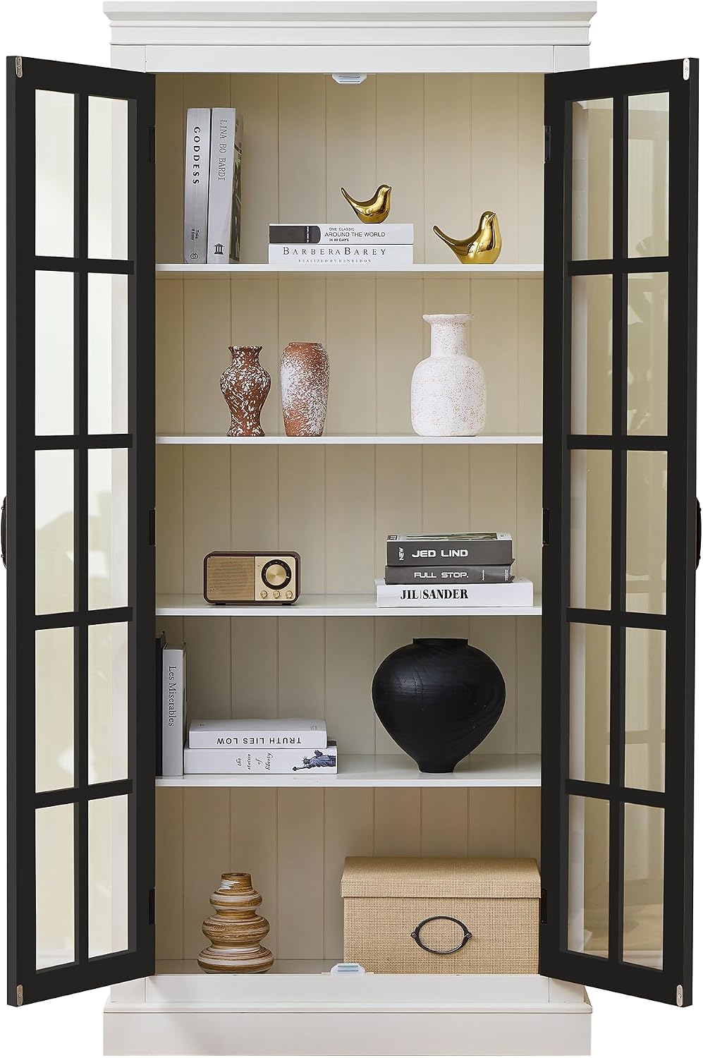 Ball & Cast 71.2' Tall Display Cabinet W/Glass Doors,Curio Cabinet W/Adjustable Shelves&Fixed Shelves for Collectibles,Trophies,Farmhouse Style Cabinets for Hallways,Living Room,Bedroom,White&Black