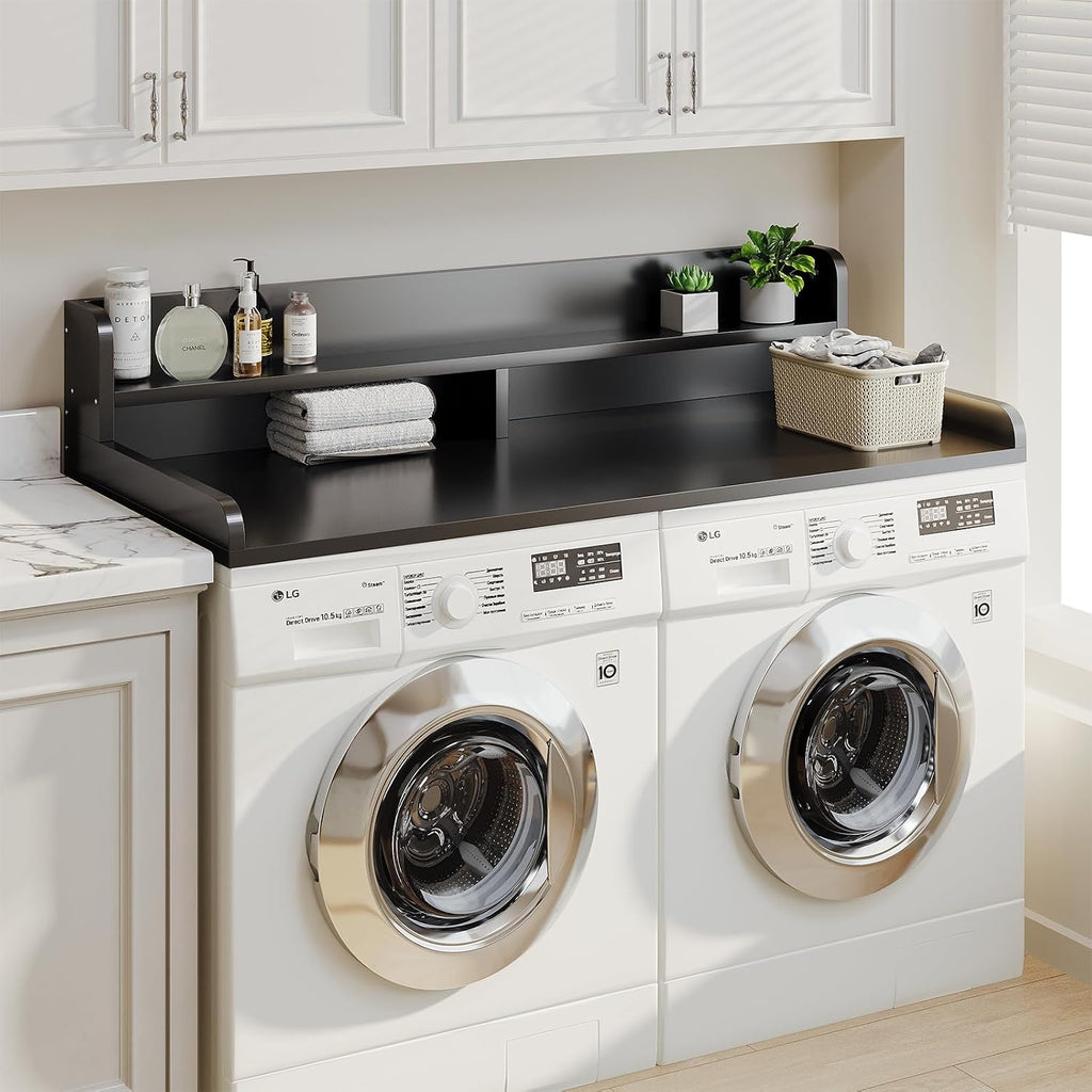 2-Tier Washer Dryer Countertop with 2.75' H Edge Rails, 58' W x 28' D Laundry Countertop for Folding Clothes, Washer and Dryer Topper with Non-Slip Pad (Black)