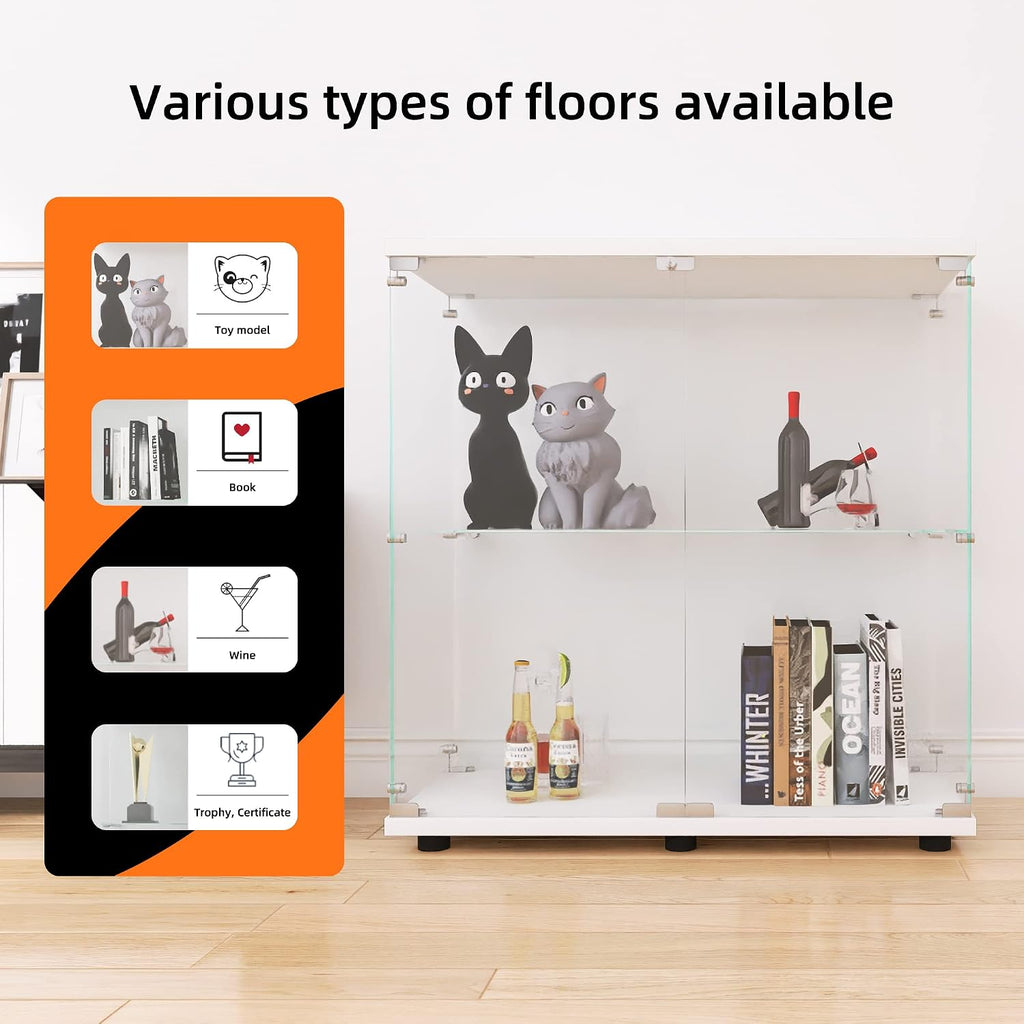 LFT HUIMEI2Y Glass Display Cabinet 2-Shelf with Double Door, Curio Cabinets Fast Installation in 30 Mins, Tempered Glass Floor Standing Bookshelf for Bedroom, Living Room 32.8'x 31.7'x 14.4' White