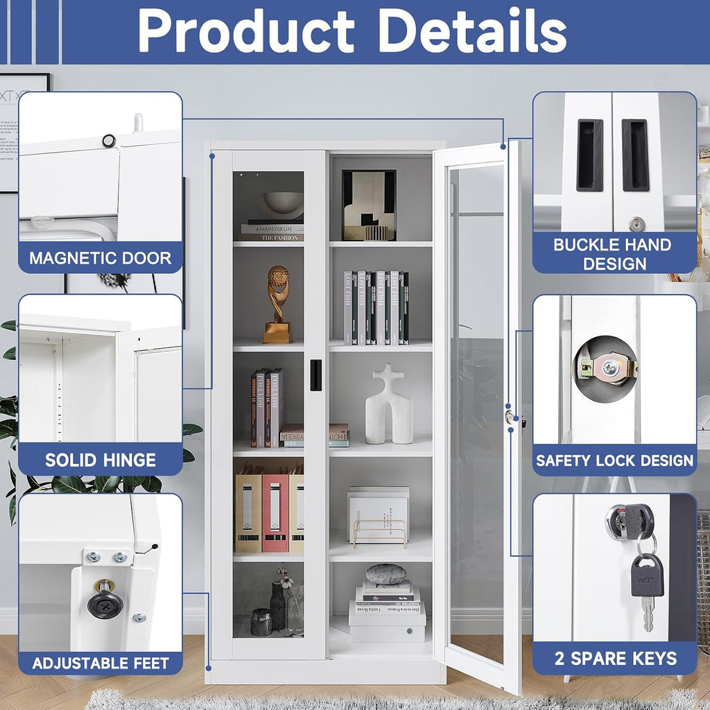 Glass Display Cabinet With Doors, 71' Curio Case for Collectibles, 4 Adjustable Shelves for Home Living Room (White)