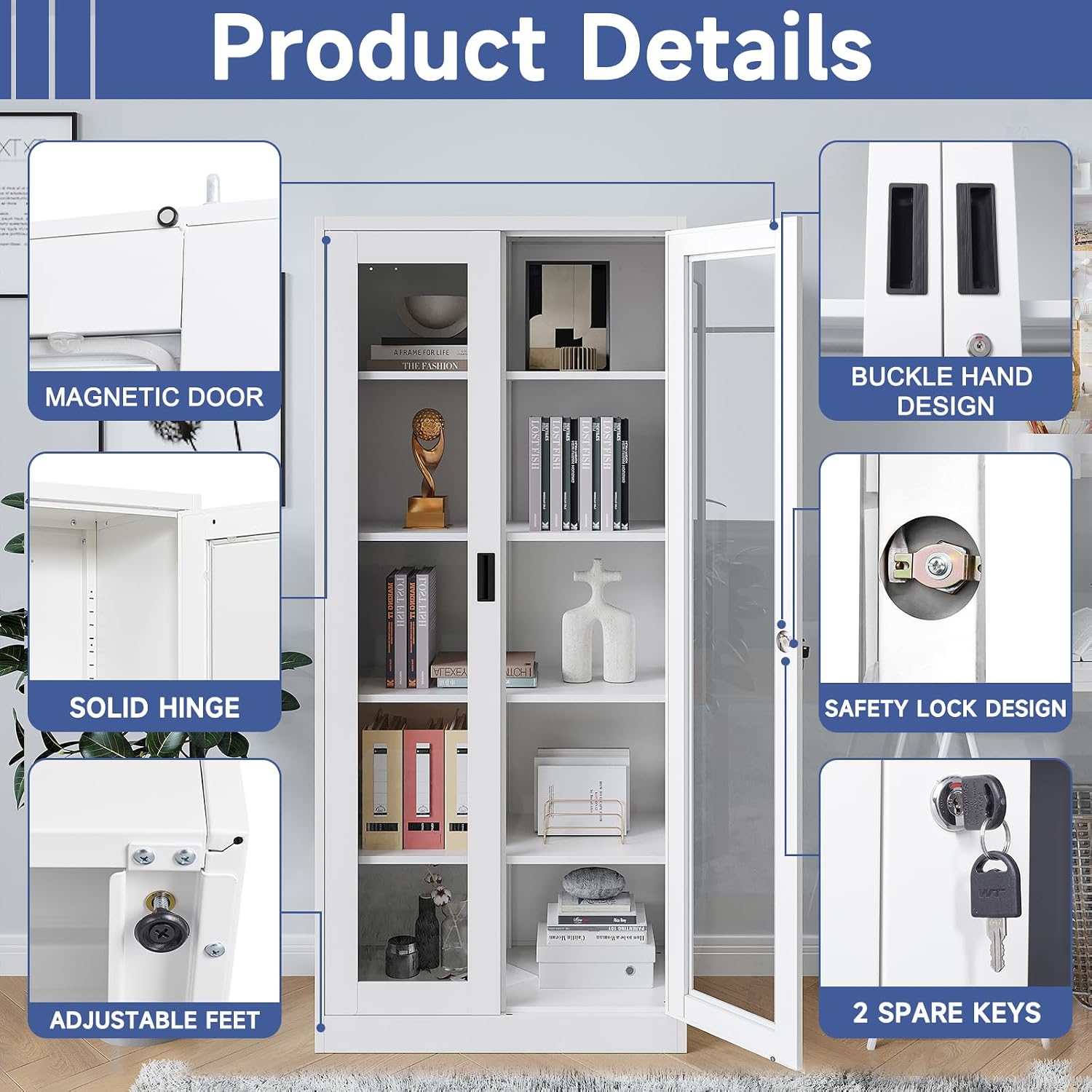 Glass Display Cabinet With Doors, 71' Curio Case for Collectibles, 4 Adjustable Shelves for Home Living Room (White)