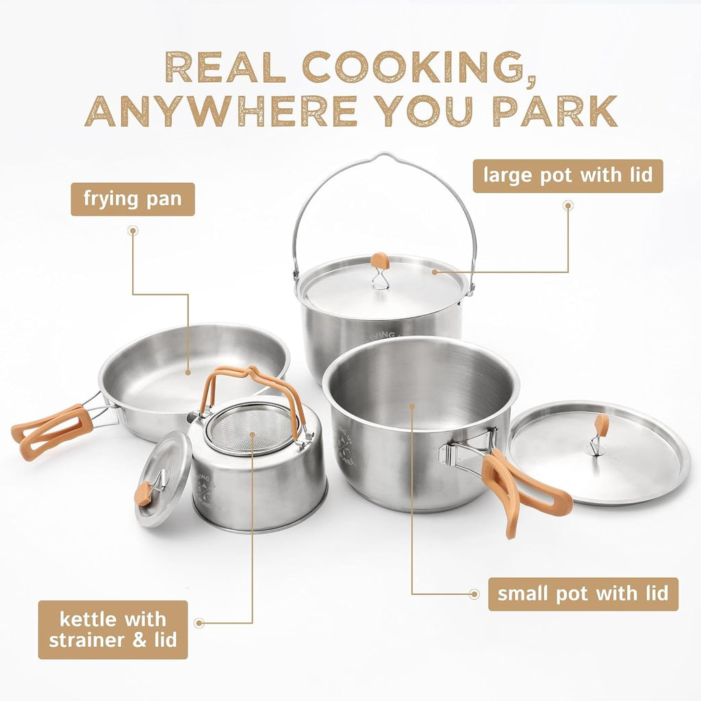 Living in a Bubble Premium 7-Piece Stainless Steel Cooking Set. Tri-layer Bonded Stainless-Steel - Ergonomic Handles with Silicone Sleeve - Compact & Stackable