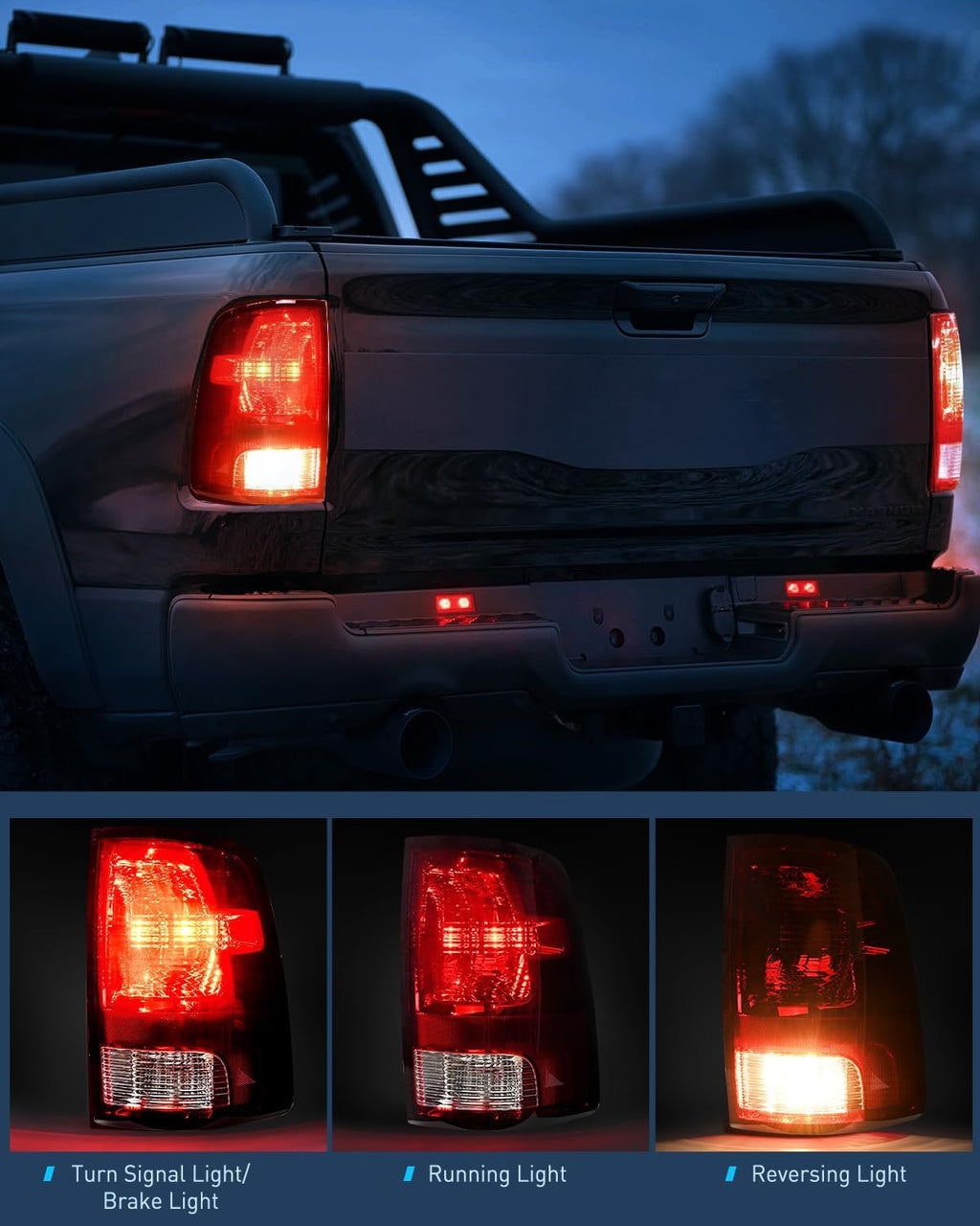 Nilight Headlight and Taillight Assembly Combo Compatible with 2009 2010 2011 2012 2013 2014 2015 2016 2017 2018 Dodge Ram for Quad Models Black Housing Clear Reflector with Dark Red Tail Light