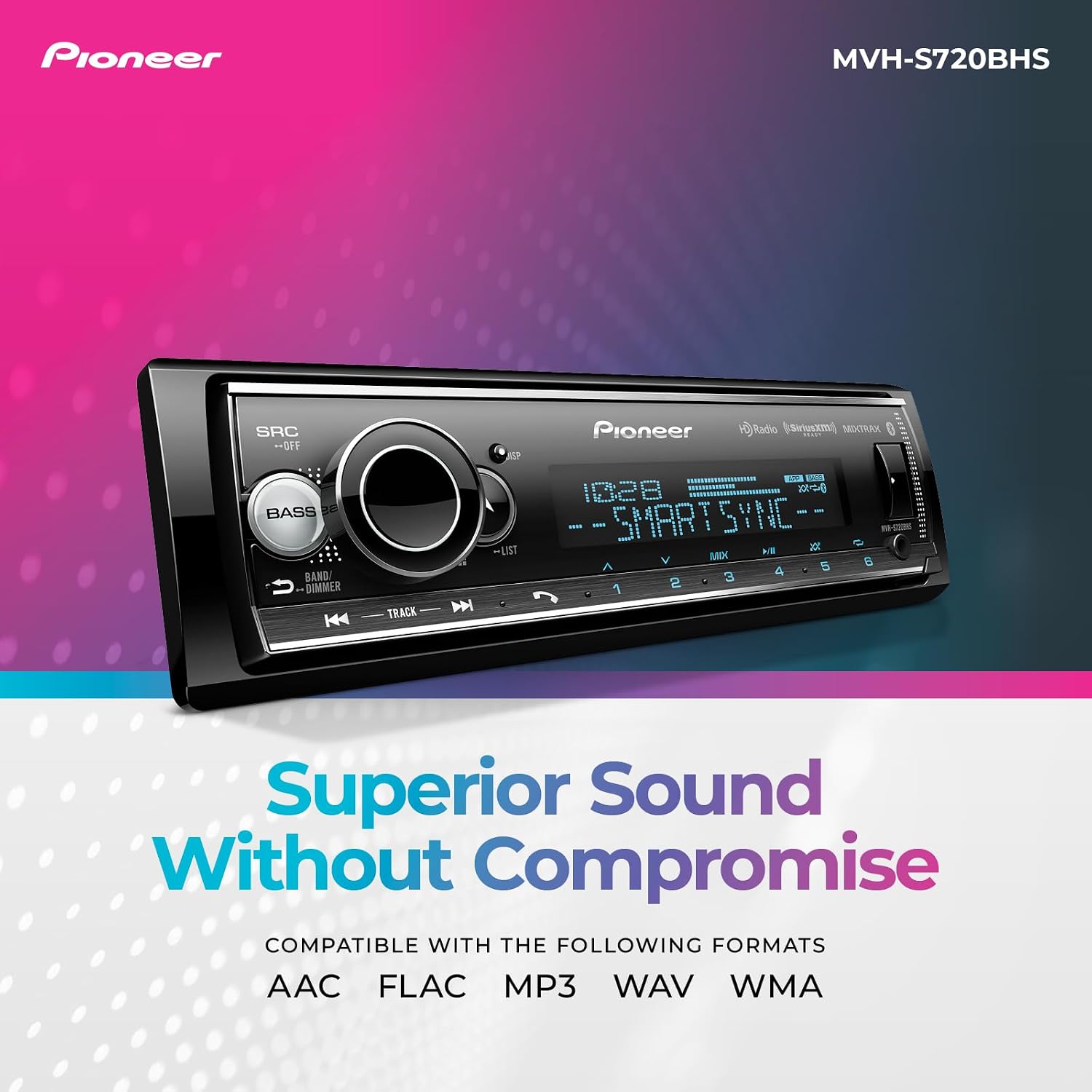 Pioneer MVH-S720BHS 1-Din Digital Media Receiver – Bluetooth, SiriusXM, Color Change, HD Radio, USB, FLAC, Voice Control, 50W x 4 Output, 13-Band EQ, AM/FM Radio, Hi-Volt RCA Preouts