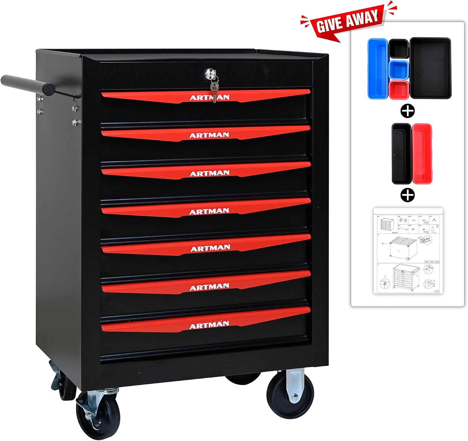 Rolling Metal Tool Chest with 7 Drawers – 20' Steel Tool Storage Box Organizer with Ball Bearing Slides & Lockable Mobile Cabinet on Wheels(Black+Red)