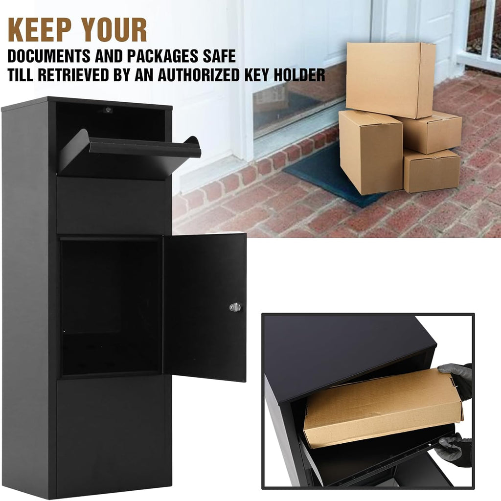 Heavy-Duty Parcel Mail Drop Box - Large, Lockable, Weatherproof Package Delivery Box for Home and Business, 10.5' x 15.5' x 41.3', Black, Ideal for Secure Express Mail Storage