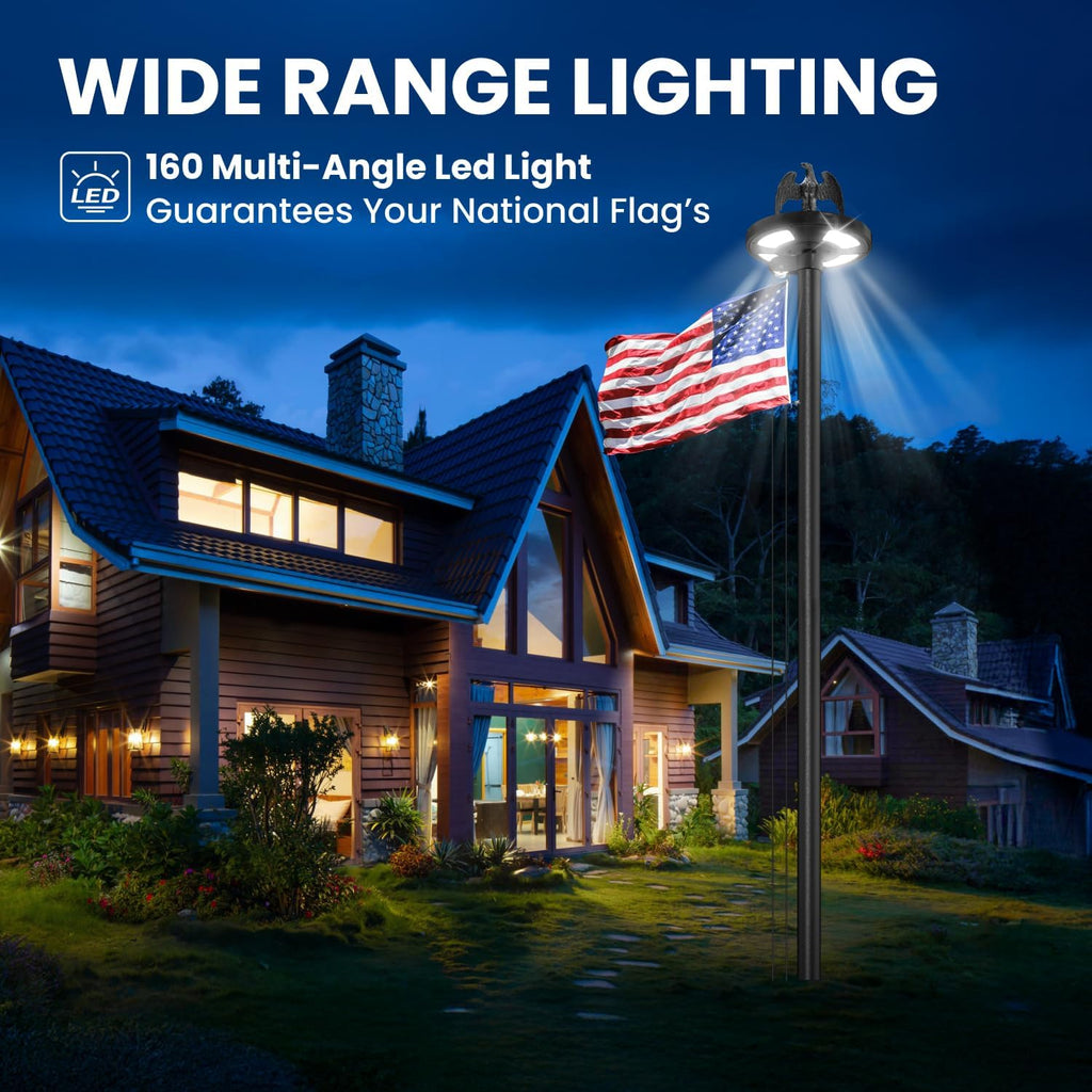 25FT Heavy Duty Flag Pole for Outside House, 100MPH Wind Rated 12 Gauge Extra Thick Aluminum Flagpole Kit, Black Eagle Topper & Solar Light, All-Weather Yard Display with Ground Sleeve, 3x5 USA Flag (Black, 25 FT with Light)