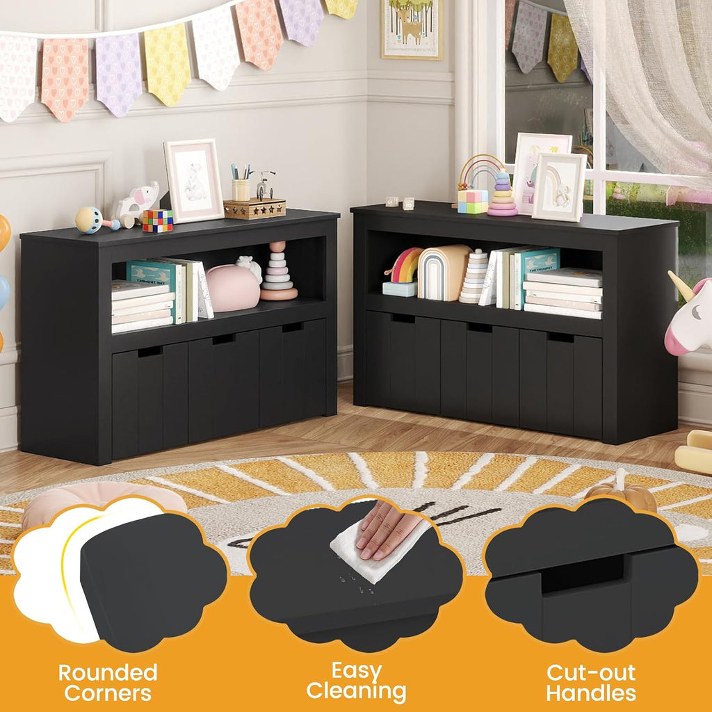 HONEY JOY Kids Toy Storage Organizer, Children Daycare Shelf, 3 Wooden Toy Box w/Wheels, Toddler Classroom Display Cabinet for Playroom, Nursery, Kindergarten (Black)