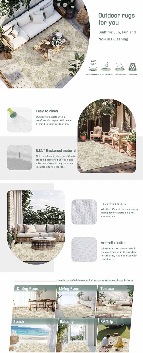 Outdoor Rug 4x6ft Patio Area Rugs Waterproof Easy Cleaning Non Shedding Thick Mats Carpet for Indoor Outdoor Porch Deck Backyard Balcony