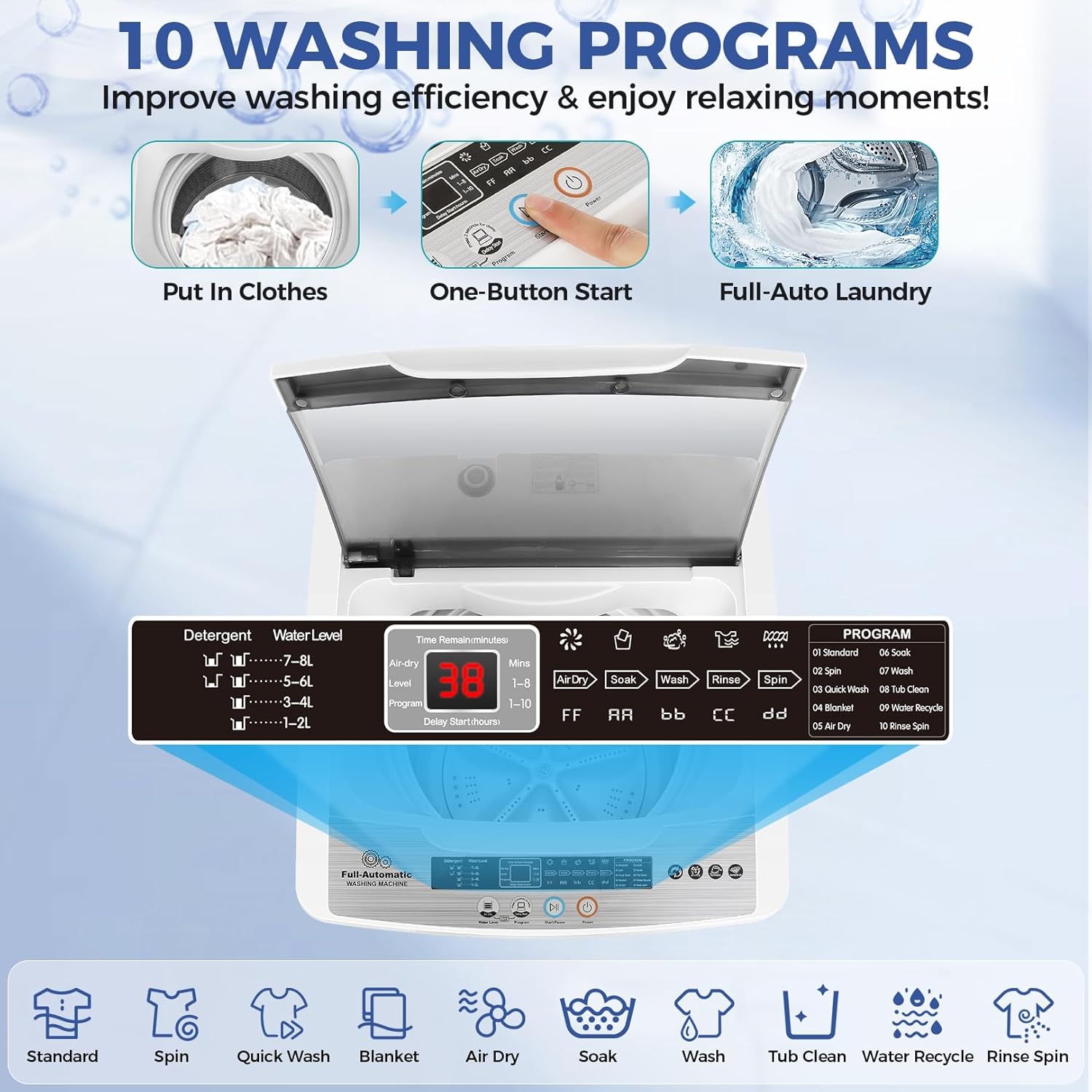Nictemaw Portable Washing Machine, 20Lbs Capacity Full-Automatic Portable Washer Machine, 2.8Cu.ft Compact Washing Machine with 10 Programs & 8 Water Levels Laundry Machine Apartments, Dorms, RVs