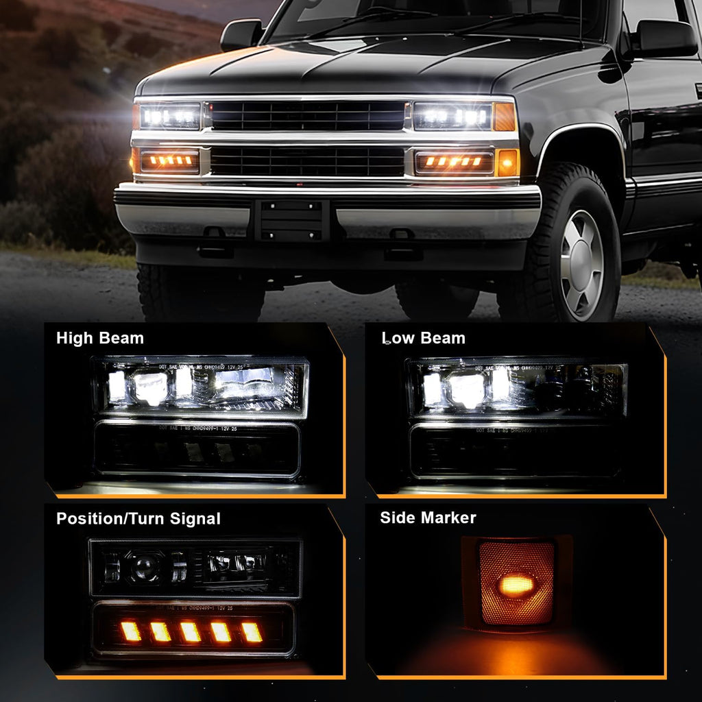 RAMJET4X4 DOT LED Headlight Assembly 600% Bright Anti-glare Hi/Low Beam Turn Signal Side Maker Fit for OBS 1994-1999 Chevy Silverado C10 Tahoe Suburban C/K 1500 2500 3500 (NOT FIT for GMC)