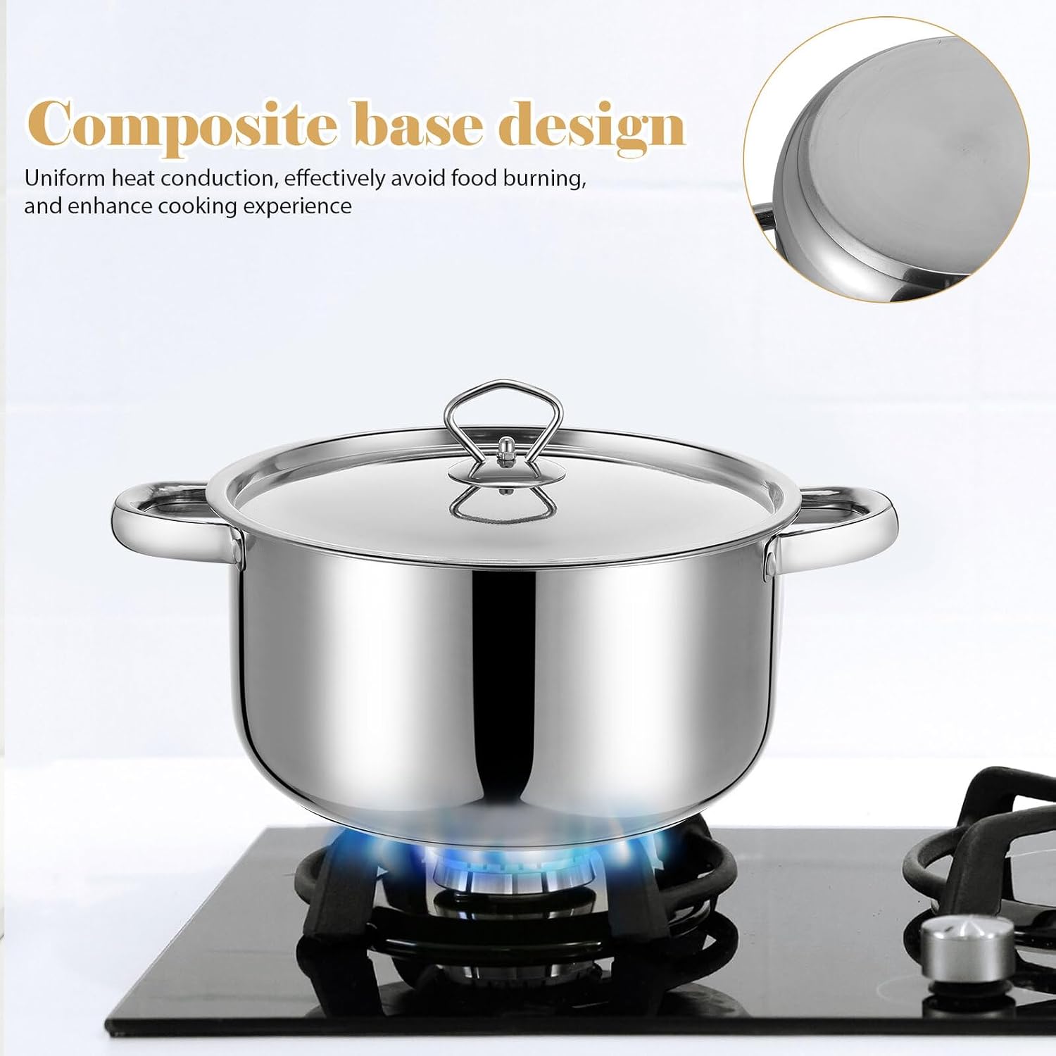 FAVOMOTO 15pcs Stainless Steel Pots and Pans Set with Composite Bottom, Induction Compatible Cookware with Lids and Cooking Utensils for Kitchen Use