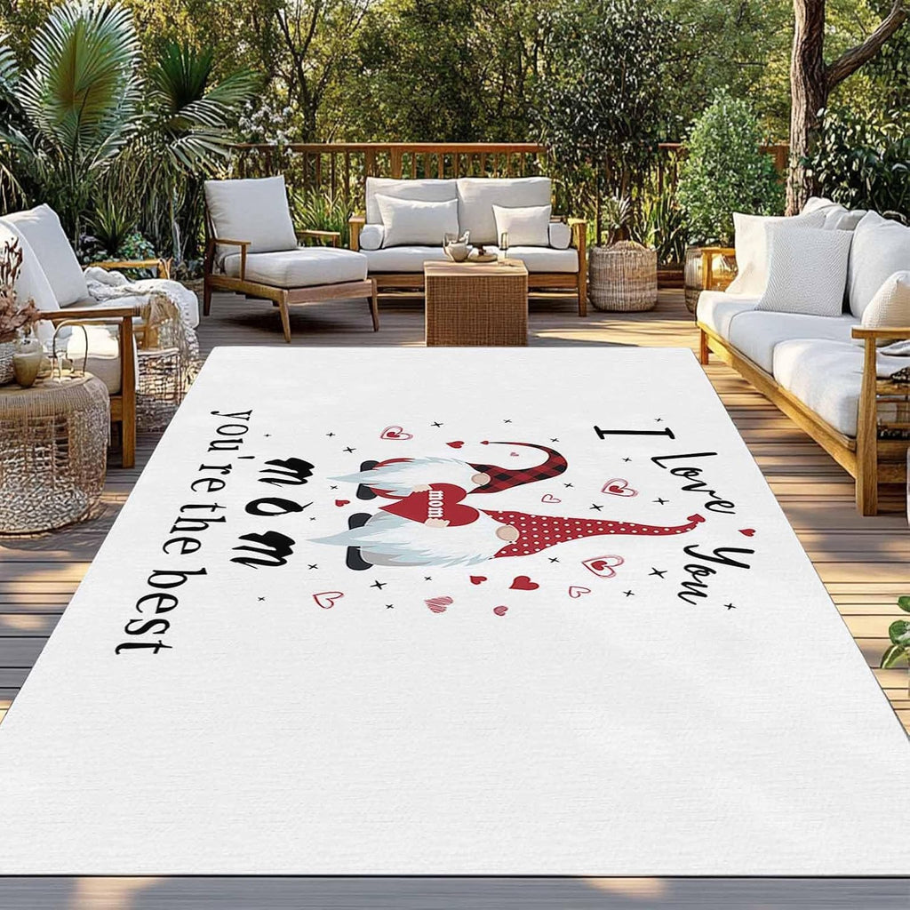 Outdoor Rug 4x6ft Mother's Day Gnomes with Romantic Red Hearts Patio Area Rugs Waterproof Easy Cleaning Non Shedding Thick Mats White Carpet for Indoor Outdoor Porch Deck Backyard Balcony