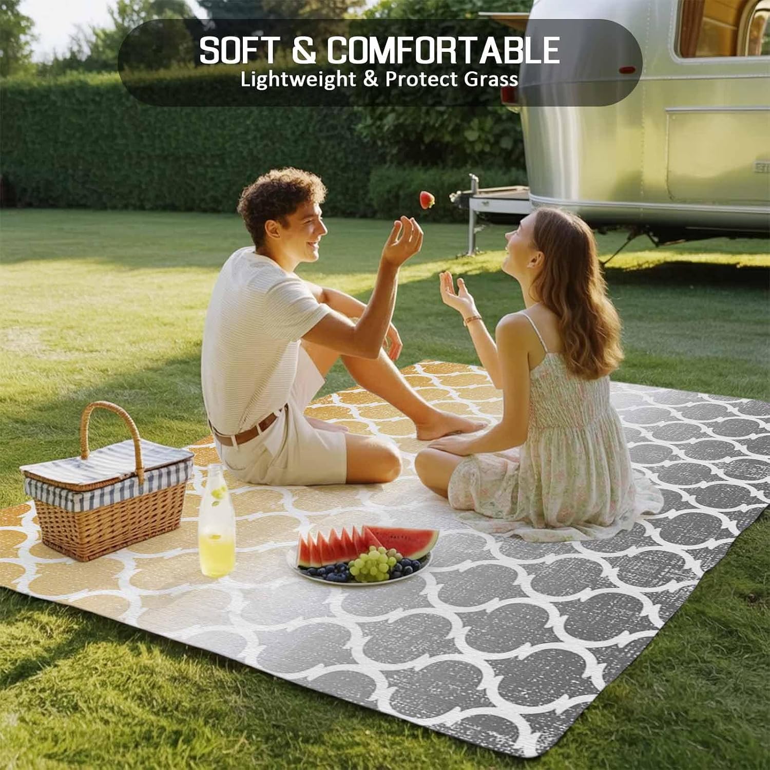 Outdoor Rug 4x6ft Morocco Pattern Ombre Yellow Grey Patio Area Rugs Waterproof Easy Cleaning Non Shedding Thick Mats Art Carpet for Indoor Outdoor Porch Deck Backyard Balcony
