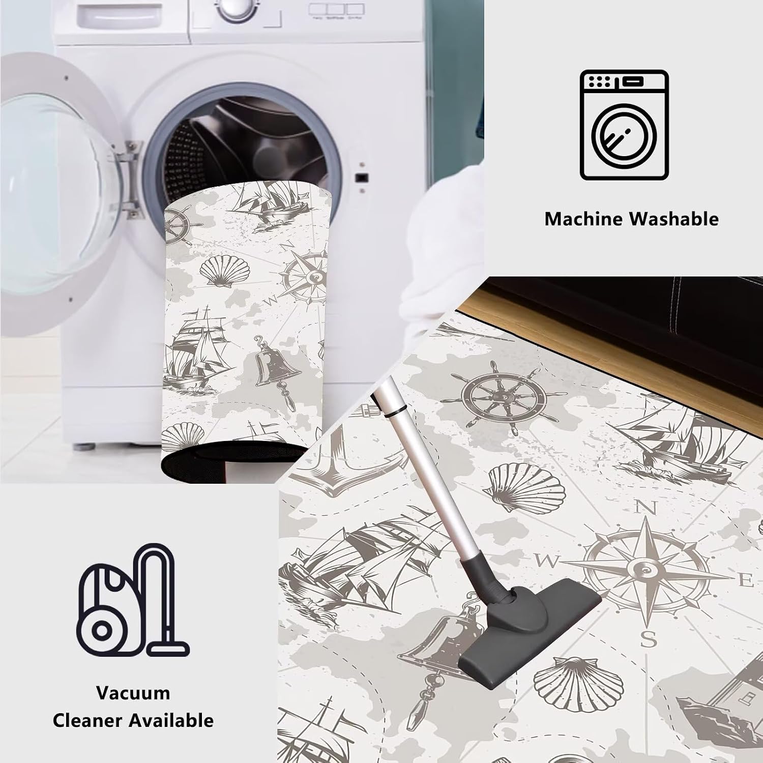 6' x 9' Grey Vintage Nautical Area Rugs for Kids Boys Girls Ocean Coastal Throw Rugs for Living Room Bedroom Playroom Sea Beachy Floor Mat Pad Doormat Carpet