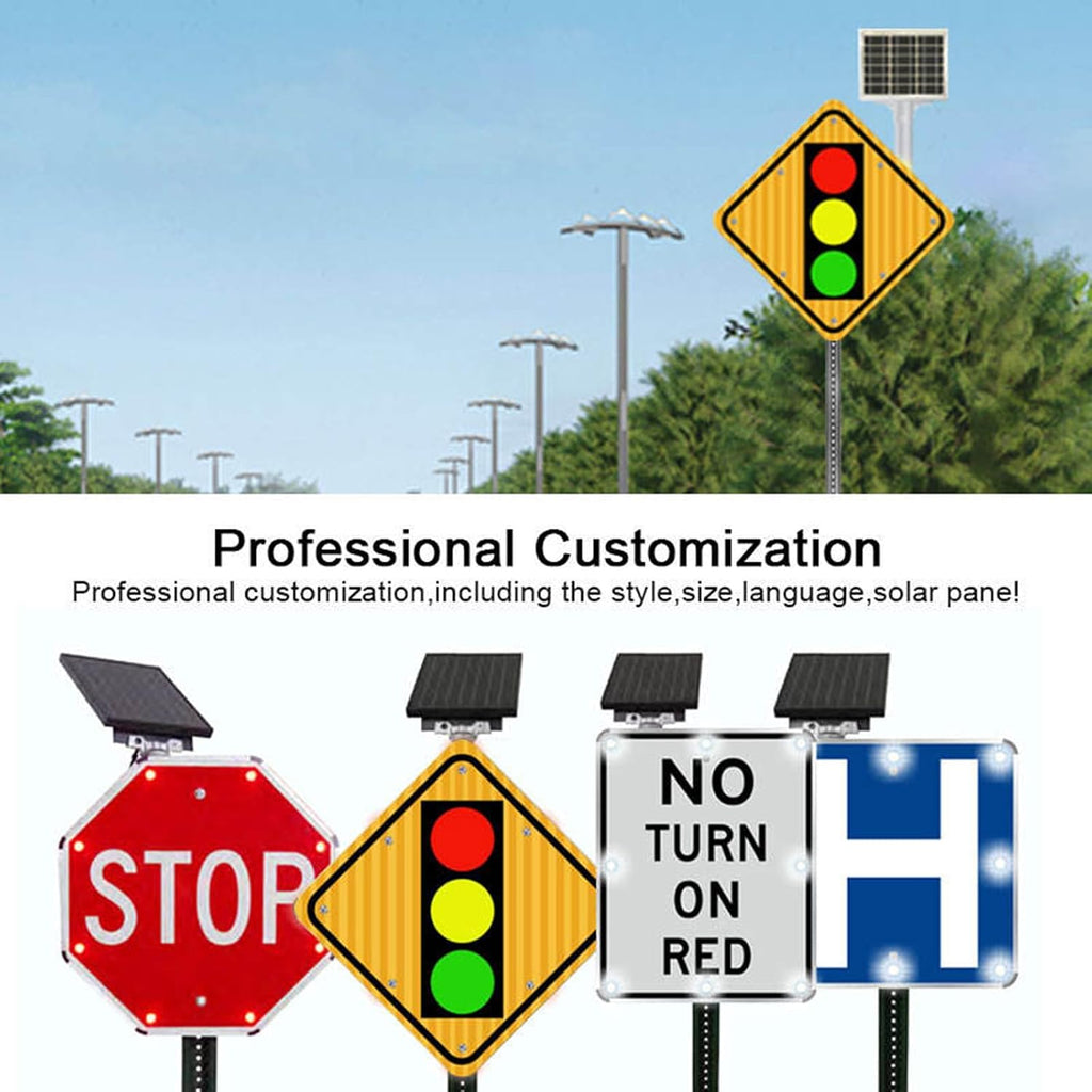 24' Solar Power Traffic Light Ahead Sign, LED Reflective Film Crossing Signals with Accessories, Aluminum Traffic Control Signboards