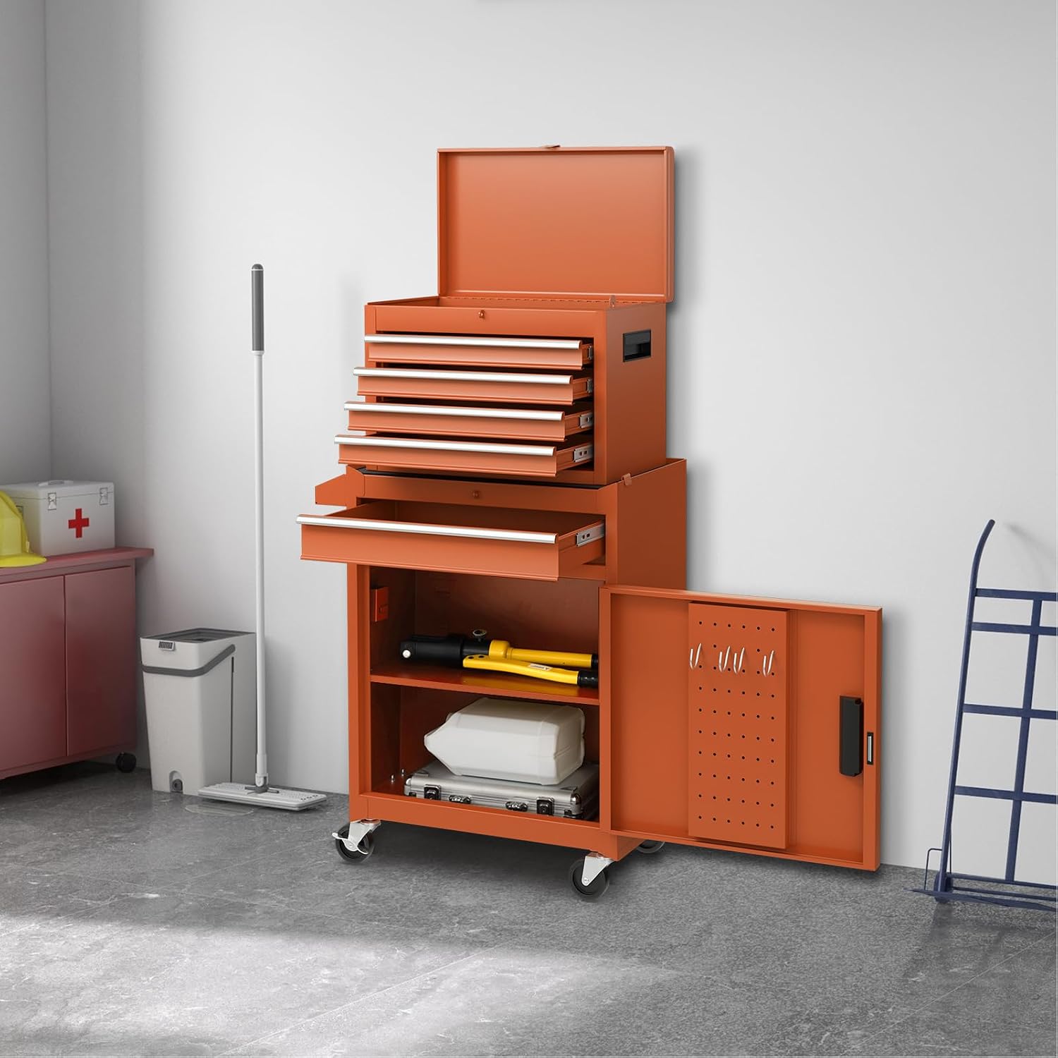 Rolling Tool Chest, 5-Drawer Tool Storage Cabinet with Wheels, Adjustable Shelf & Anti-Slip Liner, Tool Box Organizer for Garage, Warehouse & Workshop (Orange)