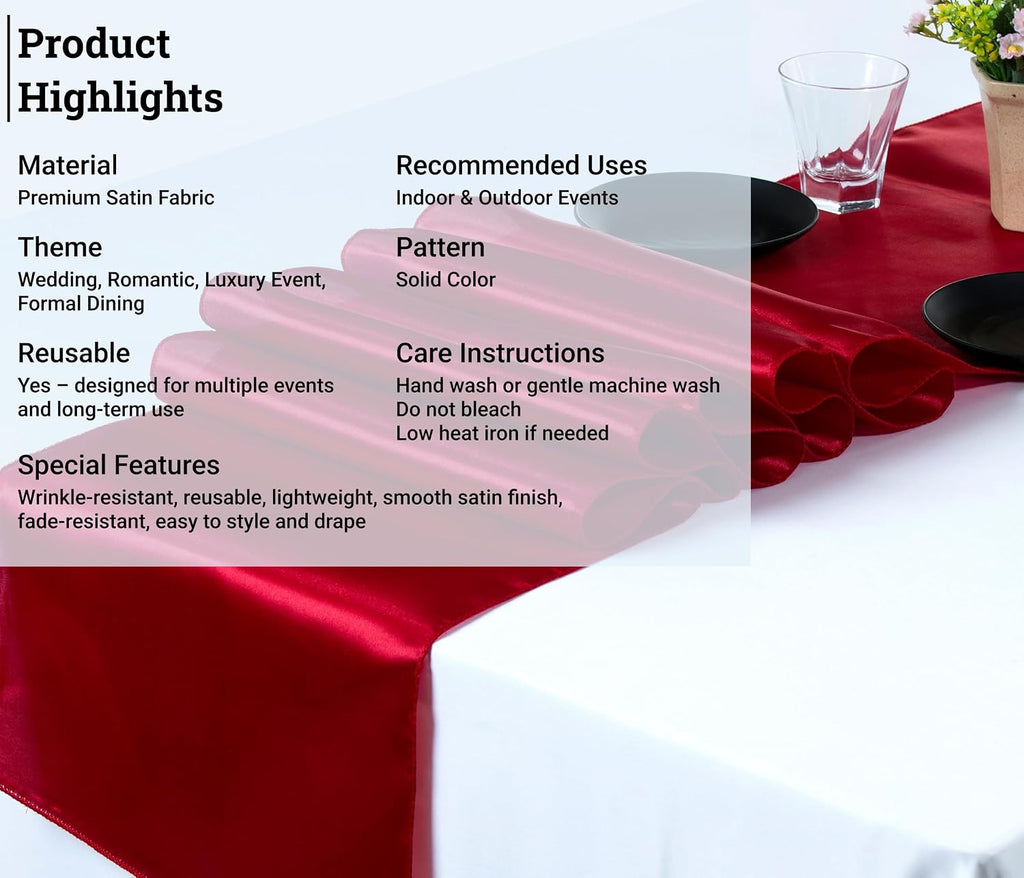 MDS 50 PCS Satin Table Runners 12 x 108 Inch Charmeuse Sateen Silk Table Runner for Indoor Outdoor Wedding Reception Birthday Graduation Party Event Banquet Dining Table Decoration - Apple Red