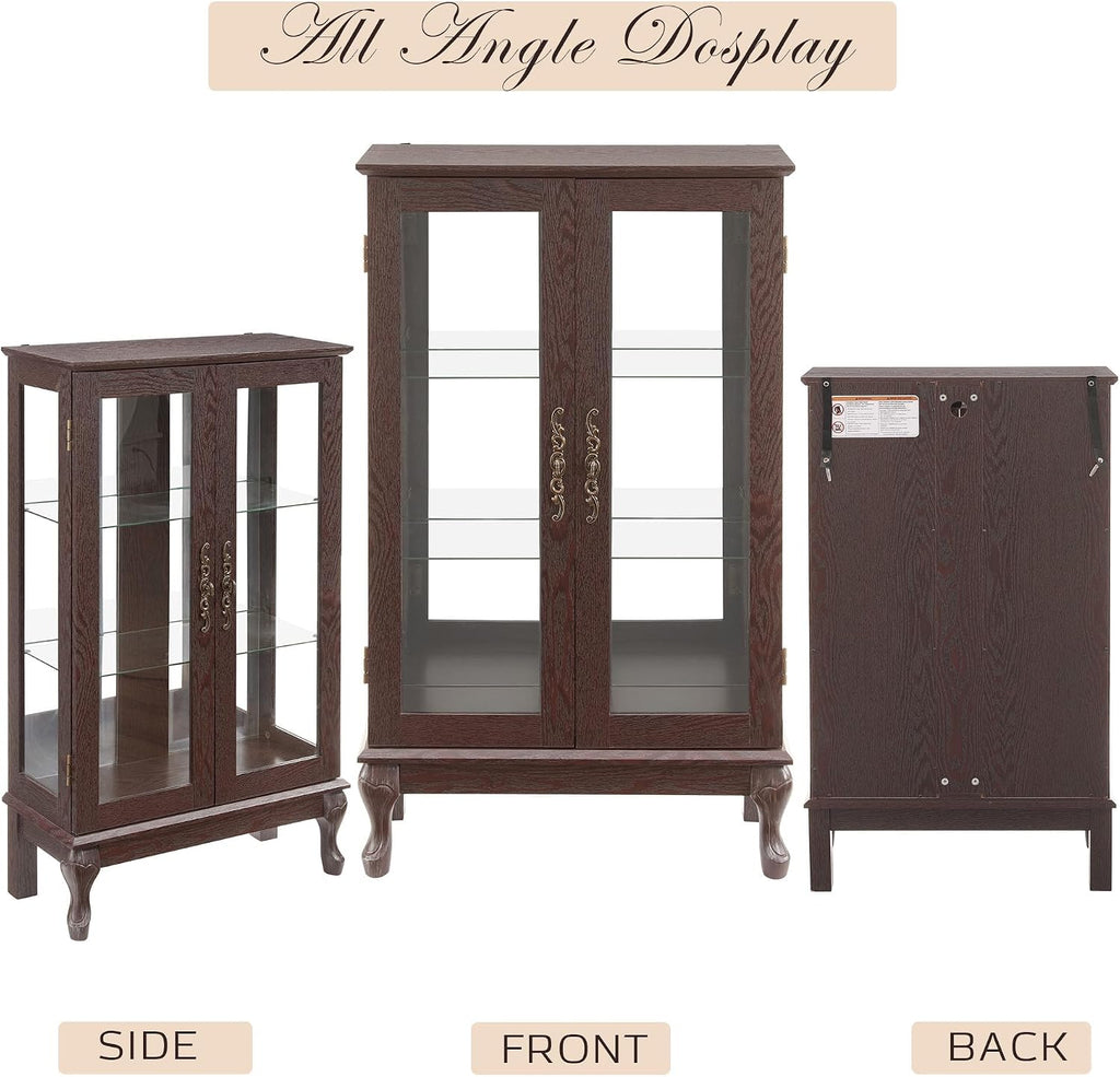 44' Small Lighted Glass Accent Curio Cabinet, Vintage China Cage with Tempered Glass Doors & Adjustable Shelves, Acrylic Mirrored Pane, Elegant Wine Artwork Showcase for Living Room (Dark Cherry)