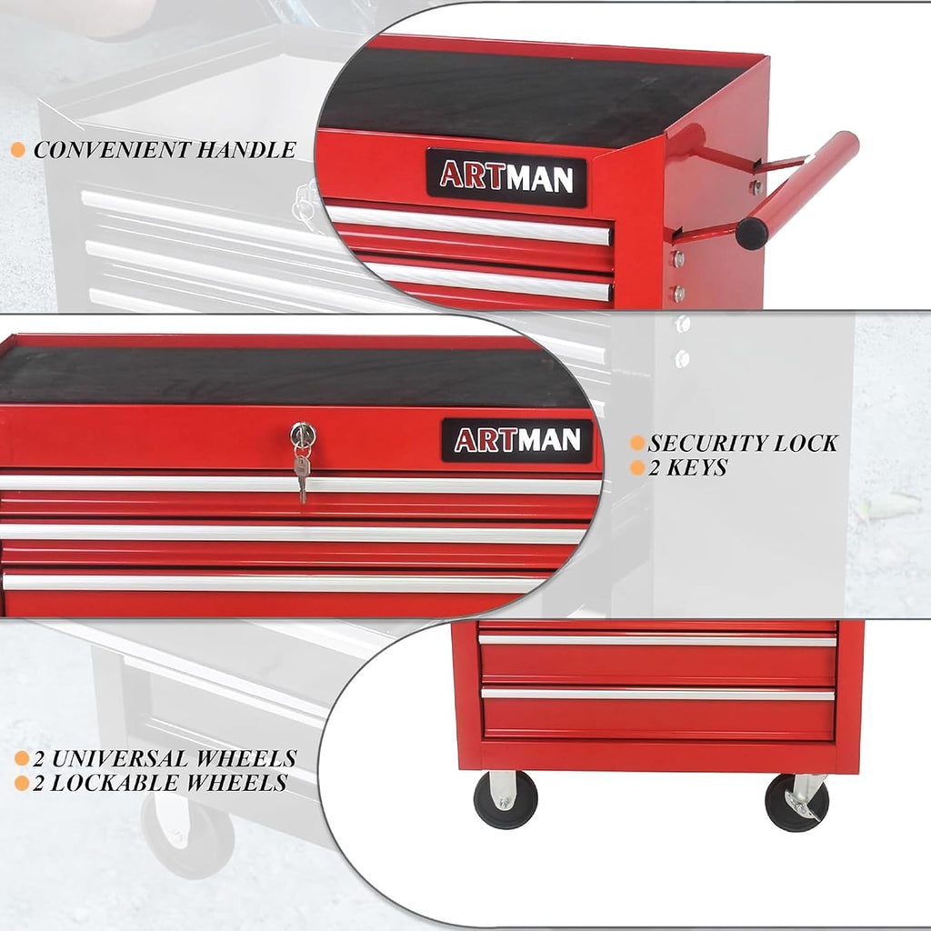 7-Drawer Metal Rolling Tool Cart on Wheels,Tool Storage Cabinet With Locking System,Multifunctional Tool Box Tool Chest with Wheels for Garage, Warehouse,Repair Shop,Workshop (Red)
