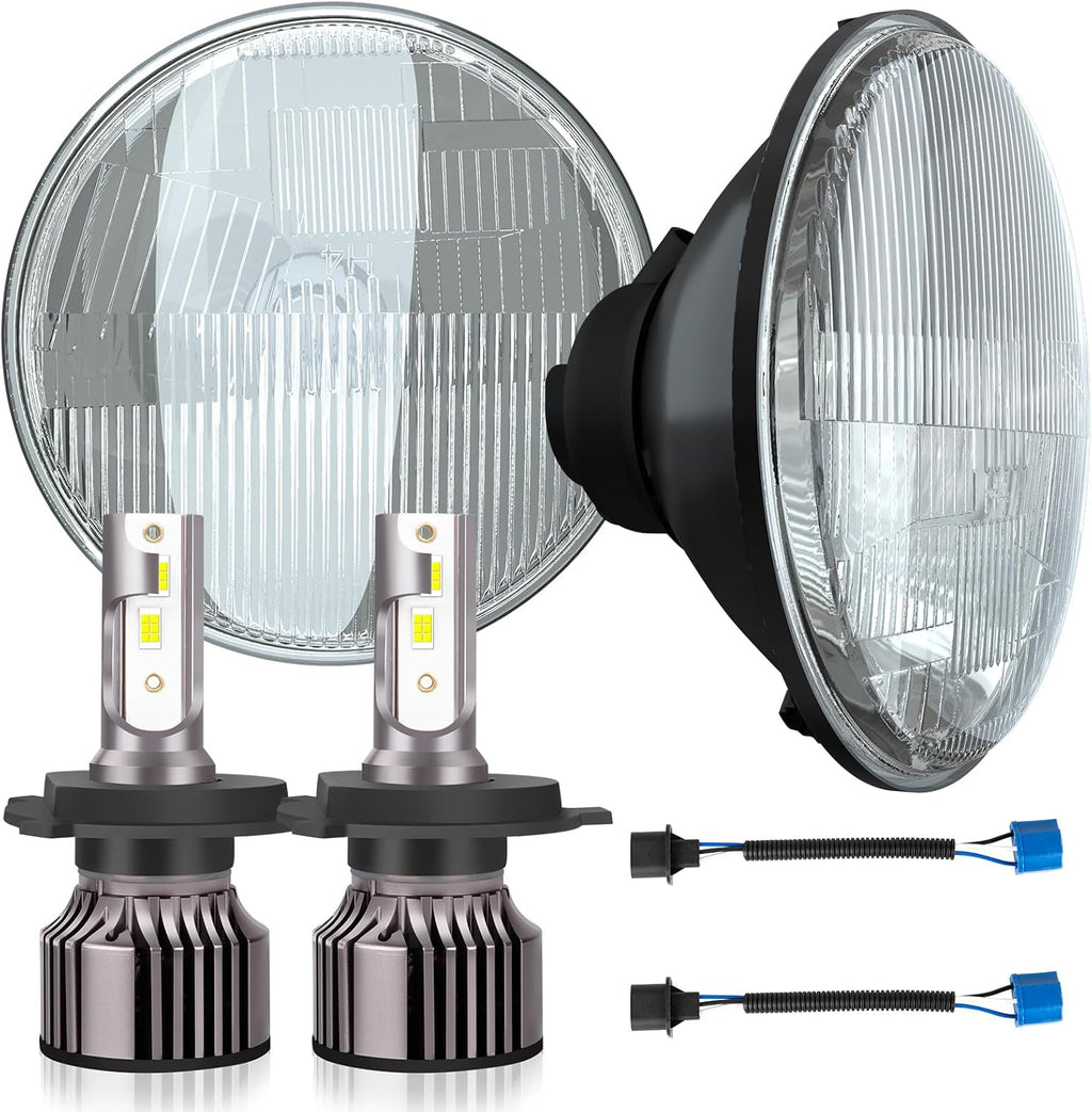 7 Inch Glass Headlight Round Lens Housing+H4/9003 Headlight Bulbs, Clear Lens 7 Inch H6024 Round Headlight Sealed High Low Beam Glass Housing, 4PCS