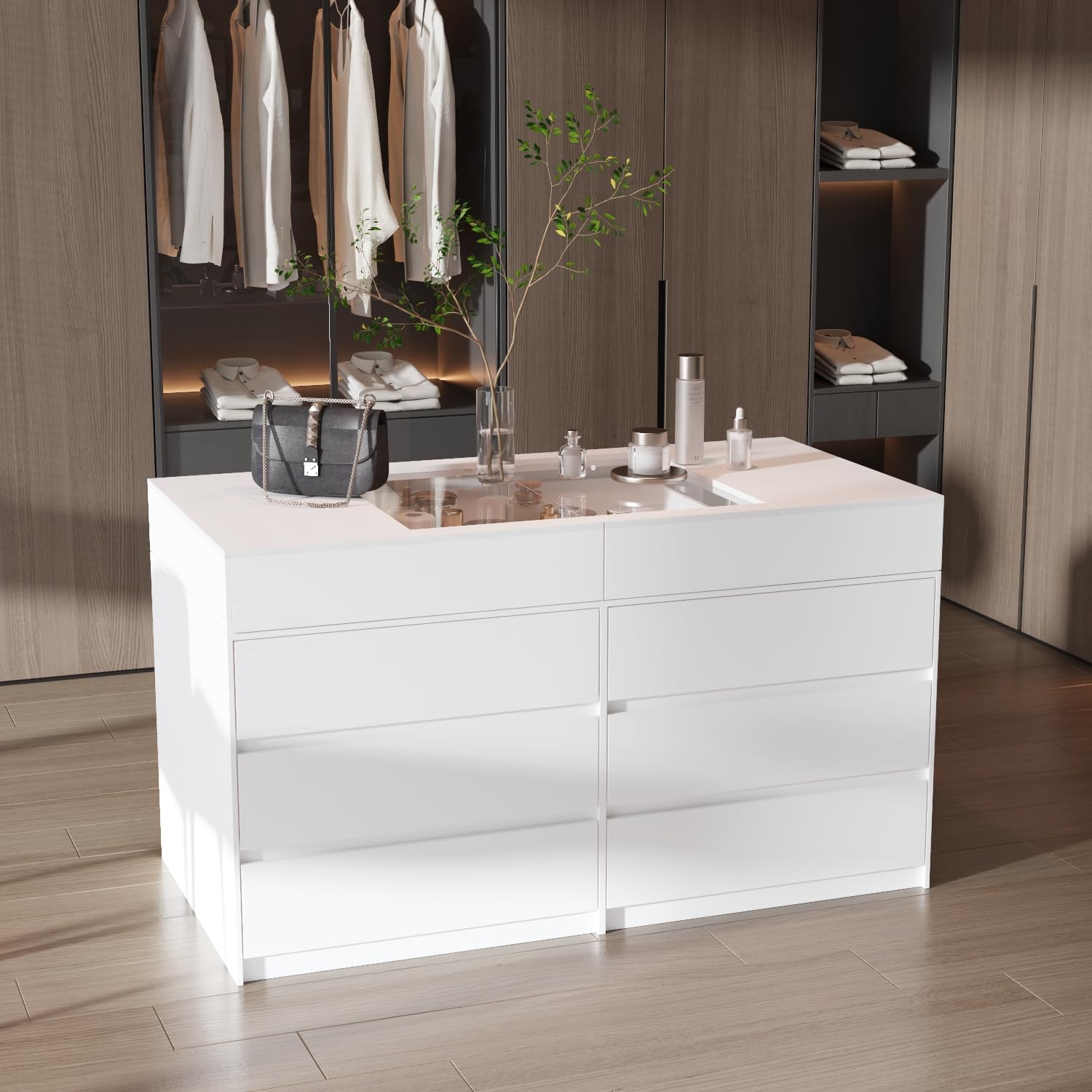 63' W Glass Display Cabinet, Walk in Closet Island for Retail, Jewelry Organizers Storage with 12 Drawers & Pull-Open Top, Collectibles Cabinet Showcase for Cloakroom Shop, White