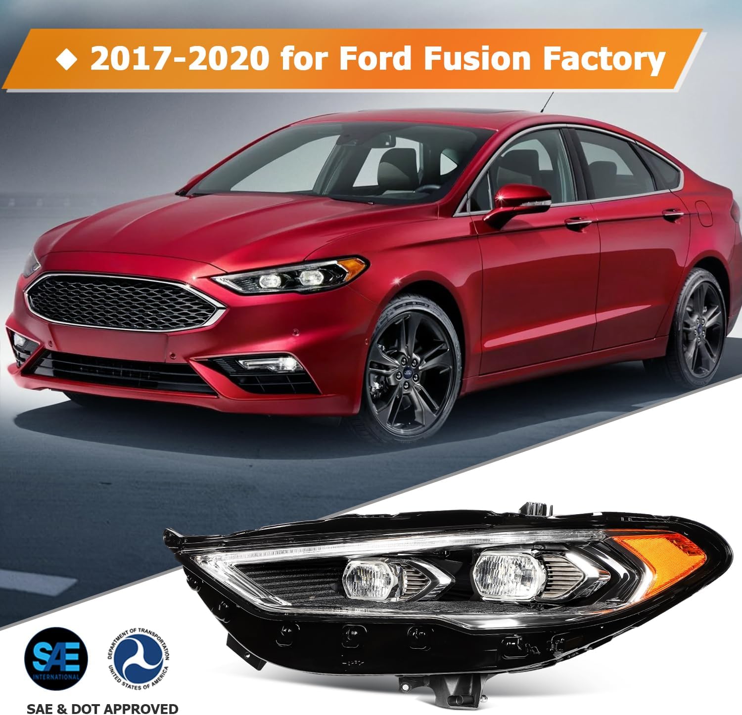 Headlight Assembly Fit 2017-2020 for Fusion Driver & Passenger Side Headlight Black Housing Clear Reflector FO2502347