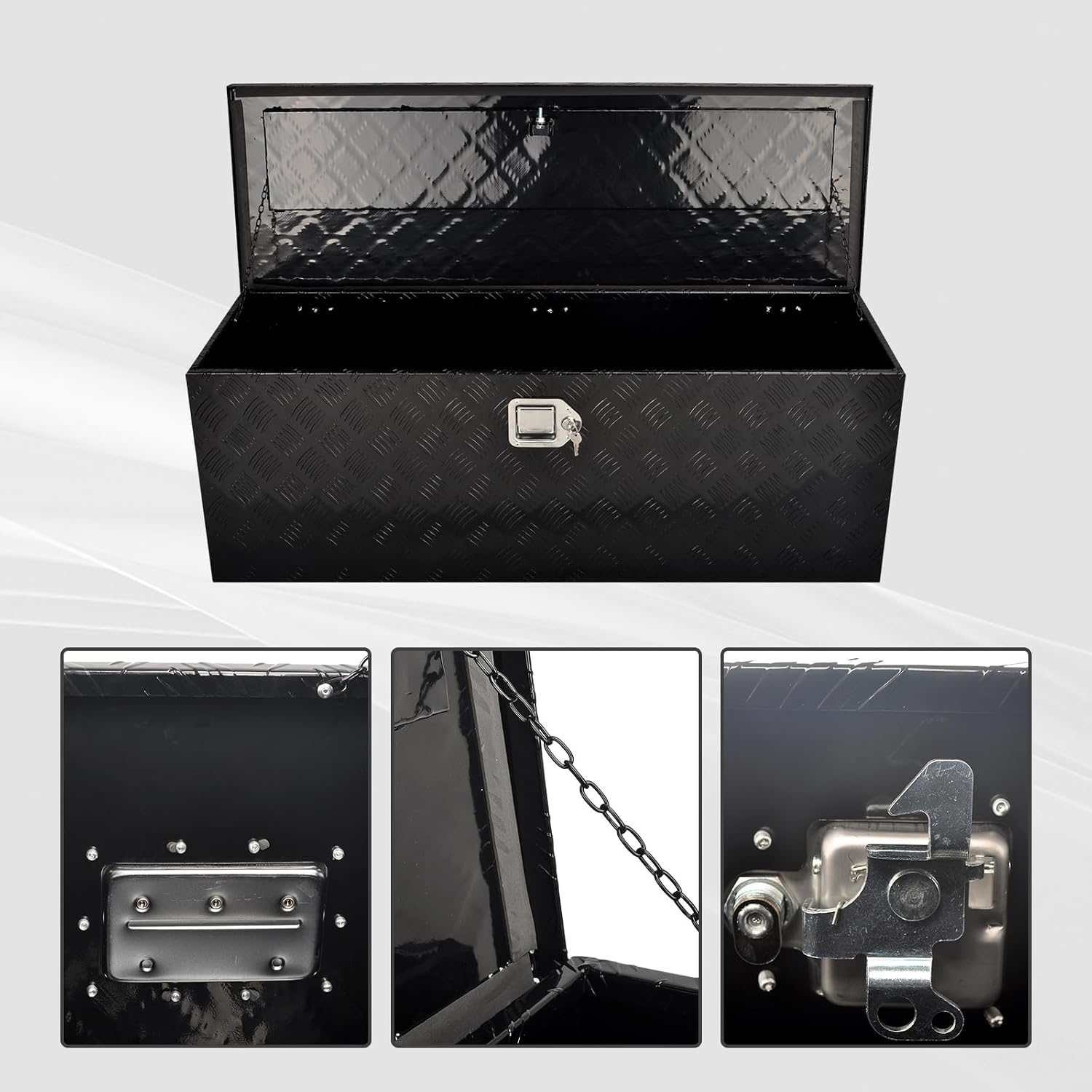 44 Inch Heavy Duty Aluminum Truck Tool Box Pick Up Truck Bed RV Trailer Toolbox Storage Organizer with Side Handle, Lock & Keys，Black,5 Bar Tread 44'(L) X15''(W) X15(H) Storage Box