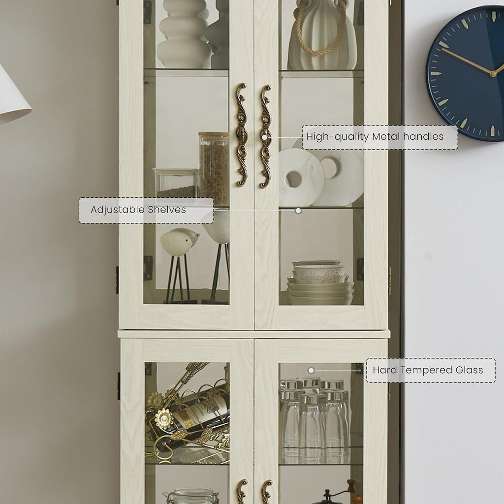 Lighted Curio Cabinet 71' Vintage Glass Display Case with Adjustable Shelves, 4 Tempered Glass Doors, Bulb Included, Wooden Wine Bar China Cabinet for Living Room Liquor Storage (Antique White)