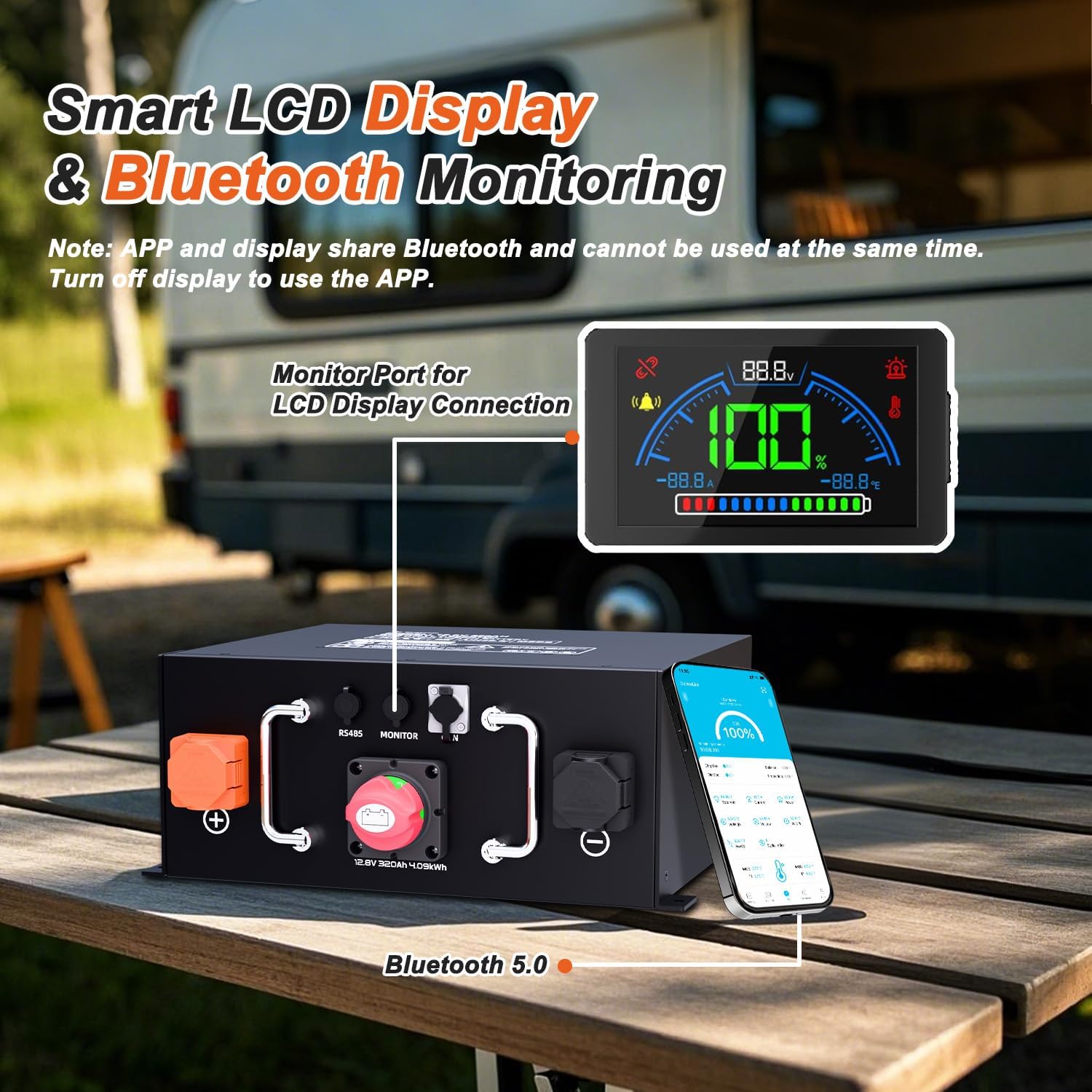 12V 320Ah LiFePO4 Battery for RV, 250A BMS, Built-in Bluetooth, Low Temp Cut Off, Deep Cycle, 12V Lithium Battery for RV, Solar, Off Grid, Camping