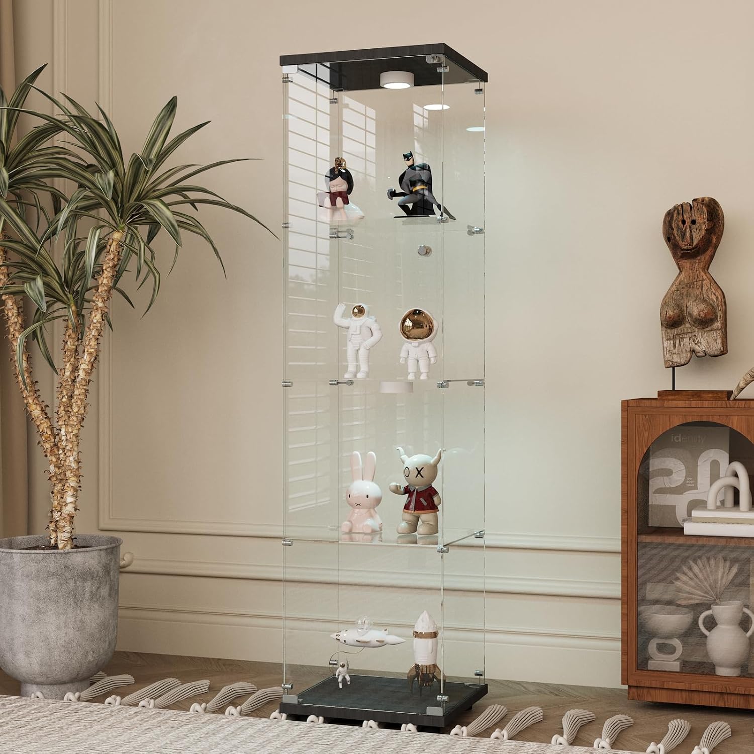 64.69' Tall Tempered Glass Display Cabinet with LED Lights, Curio Cabinet with 4 Shelves with 1 Door, Quick-Install Style Floor Standing Bookshelf File Cabinet for Living Room Office