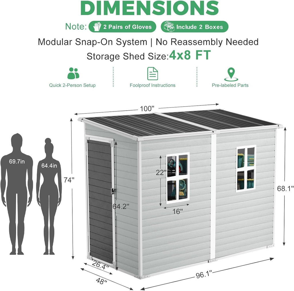 4x8 FT Outdoor Storage Shed with Floor, Upgraded Frame 16mm Thickened Resin Walls, Space-Saving Lean-to Tool House with 2 Windows & Lockable Single Door for Side Yard