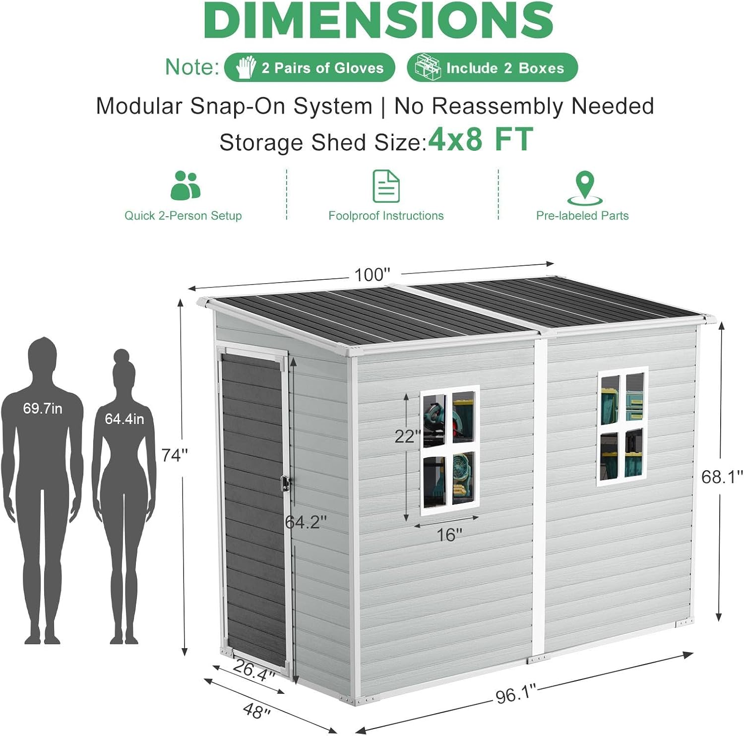4x8 FT Outdoor Storage Shed with Floor, Upgraded Frame 16mm Thickened Resin Walls, Space-Saving Lean-to Tool House with 2 Windows & Lockable Single Door for Side Yard
