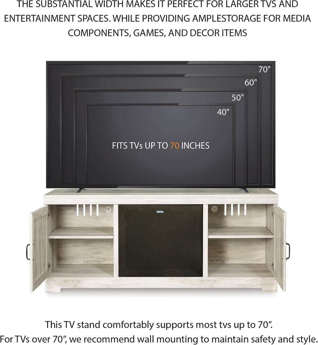 Signature Design by Ashley Bellaby Farmhouse 63' TV Stand with Fireplace for TVs up to 72', Whitewash